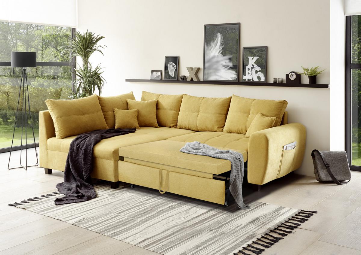 Ecksofa Mit Schlaffunktion + Kissen Lea, Polyester-Nylon - Gelb/Schwarz, Basics, Holzwerkstoff/Textil (176/248cm) - MID.YOU
