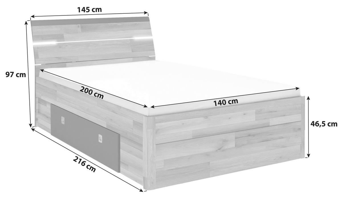 Ágykeret Mars 140/200 Cm - tölgyfa/sötétszürke, Konventionell, faalapú anyag (140/200cm) - MID.YOU