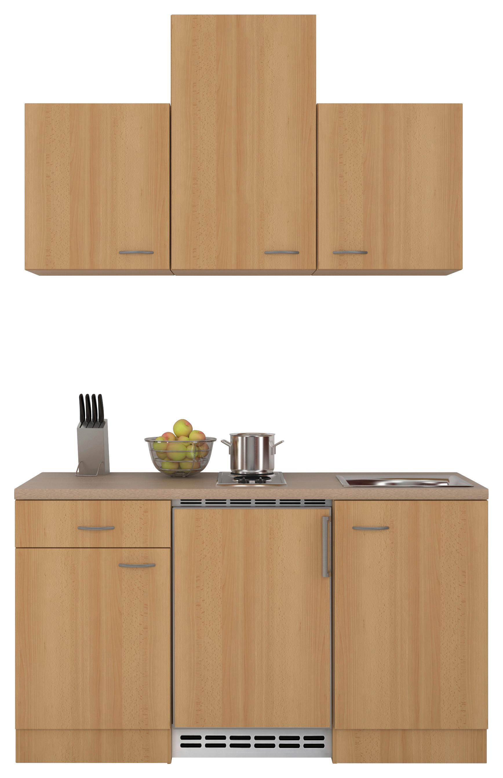 Minikuchyňa  NANO vrátane spotrebičov a drezu - farba buka/farba ušľachtilej ocele, Modern, kompozitné drevo/plast (150cm) - MID.YOU