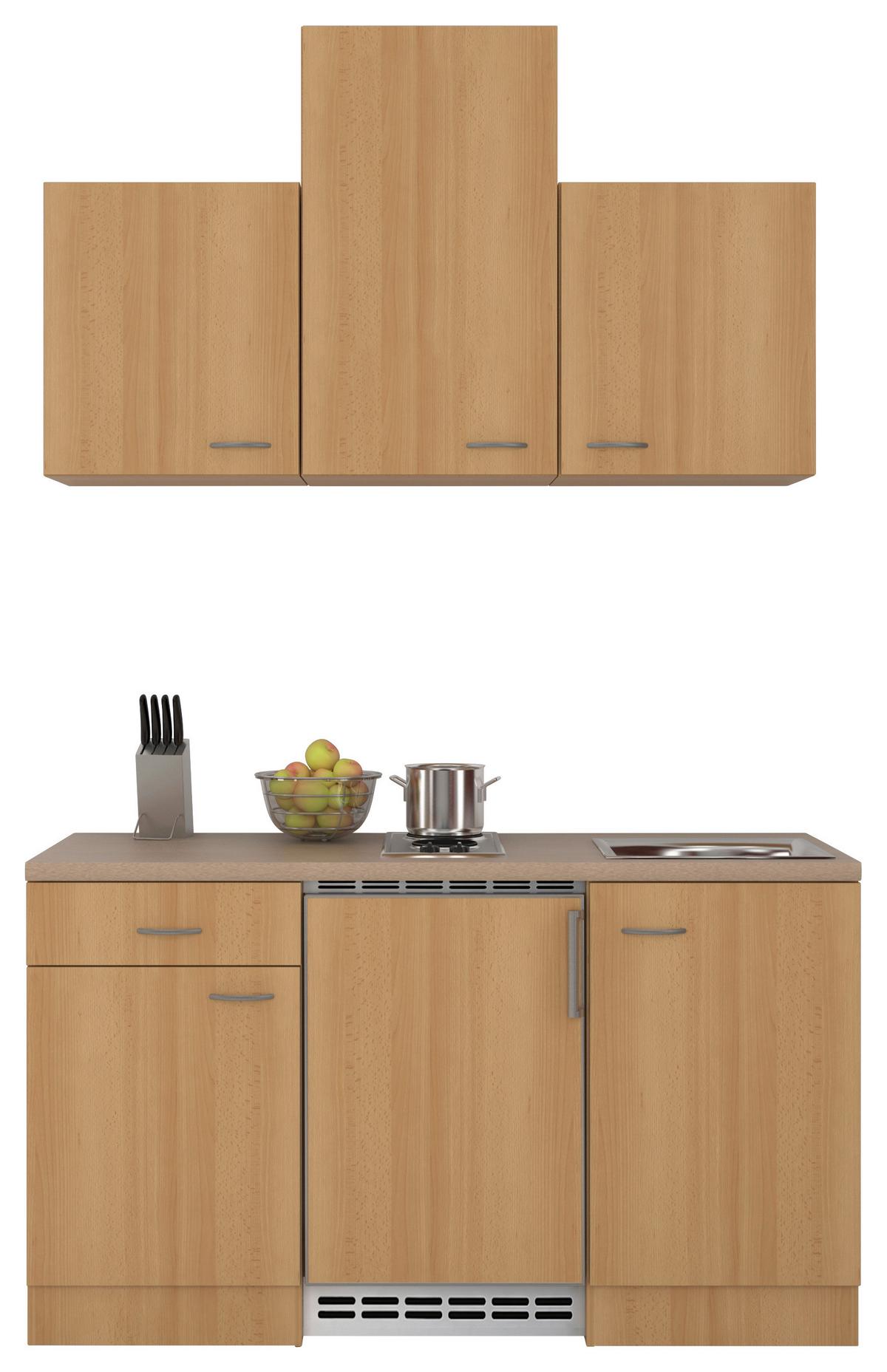 Miniküche mit Kühlschrank + Kochfeld 150 cm Creme/Buche - Beige/Buchefarben, MODERN, Holzwerkstoff (150cm) - FlexWell
