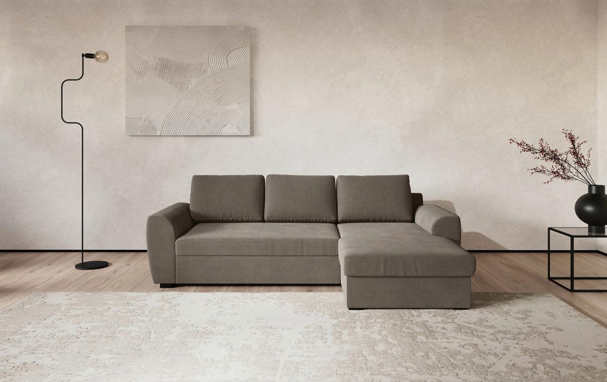 Ecksofa mit Bettfunktion Cord taupe, B: 253cm - Taupe/Schwarz, Trend, Textil (253/154cm) - MID.YOU