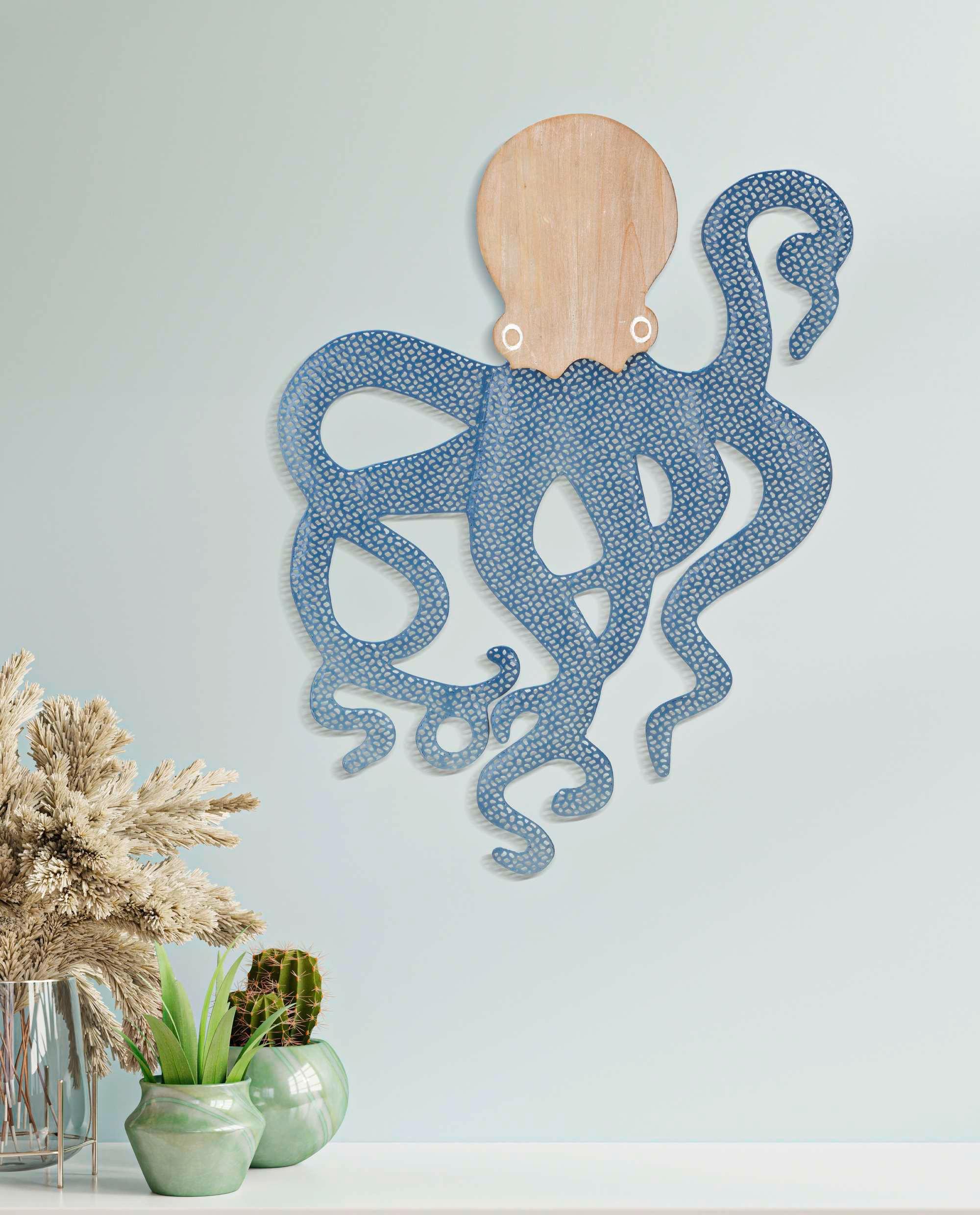 Wanddeko Octopus Blau B: 57 Cm - Blau, Basics, Holzwerkstoff/Metall (57/41/1.5cm)