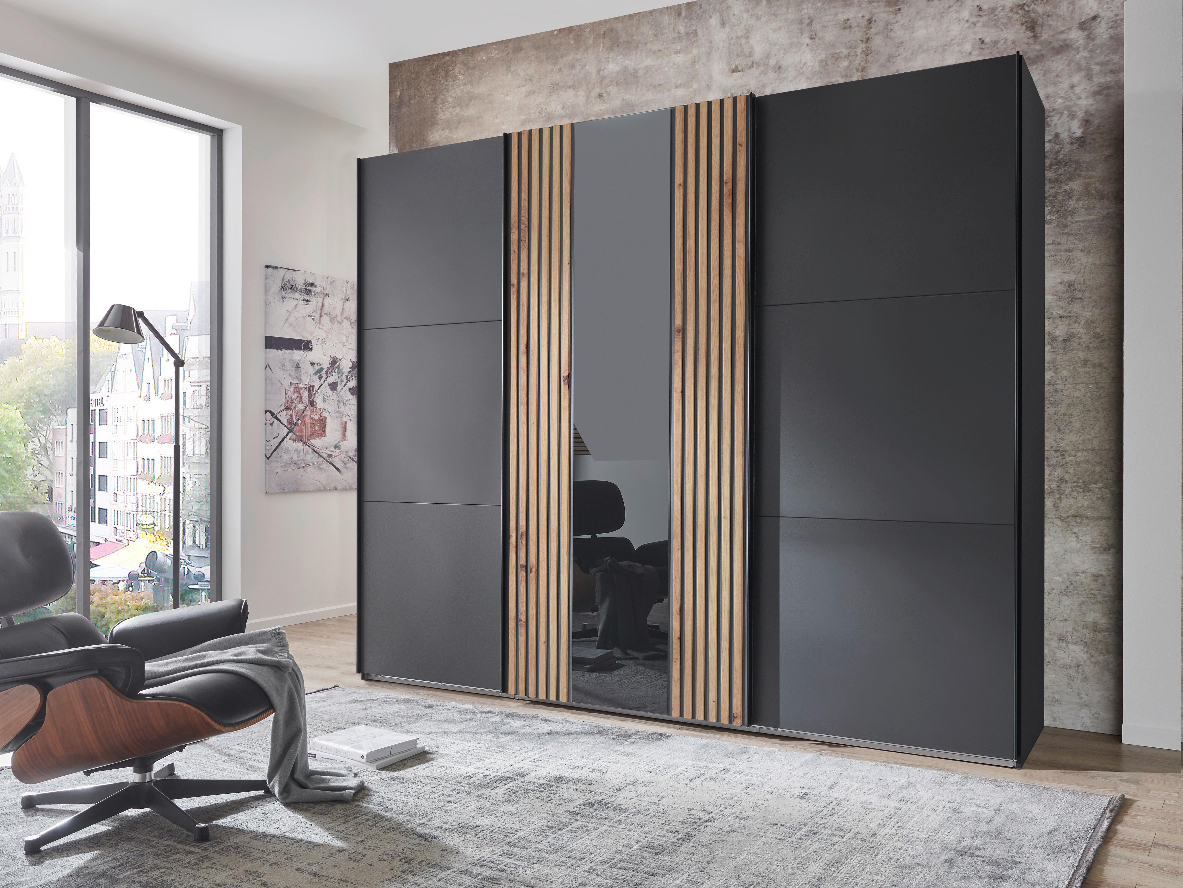 Schwebetürenschrank 50 cm Atlanta Grau/Eiche Dekor - Graphitfarben/Eiche Artisan, MODERN, Glas/Holzwerkstoff (250/216/65cm) - MID.YOU
