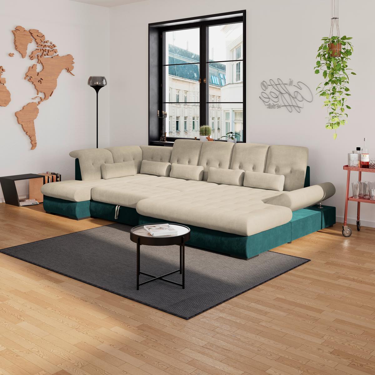 Wohnlandschaft Madera Cremefarben U: 212x358x190 cm - Türkis/Creme, KONVENTIONELL, Kunststoff/Textil (212/358/190cm)