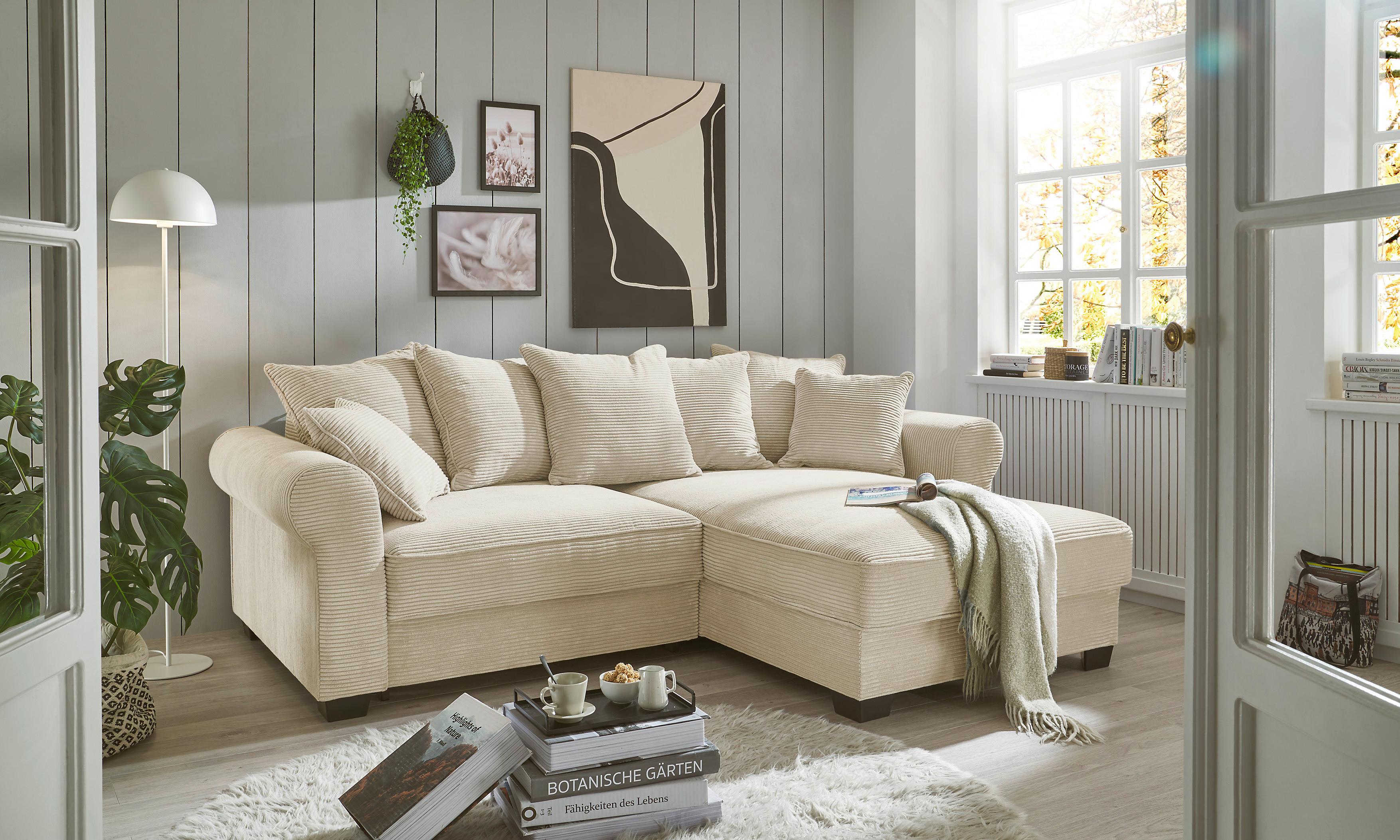 Ecksofa  Mit Bettkasten Maureen Cremefarben - Creme/Schwarz, KONVENTIONELL, Textil (255/185cm) - MID.YOU