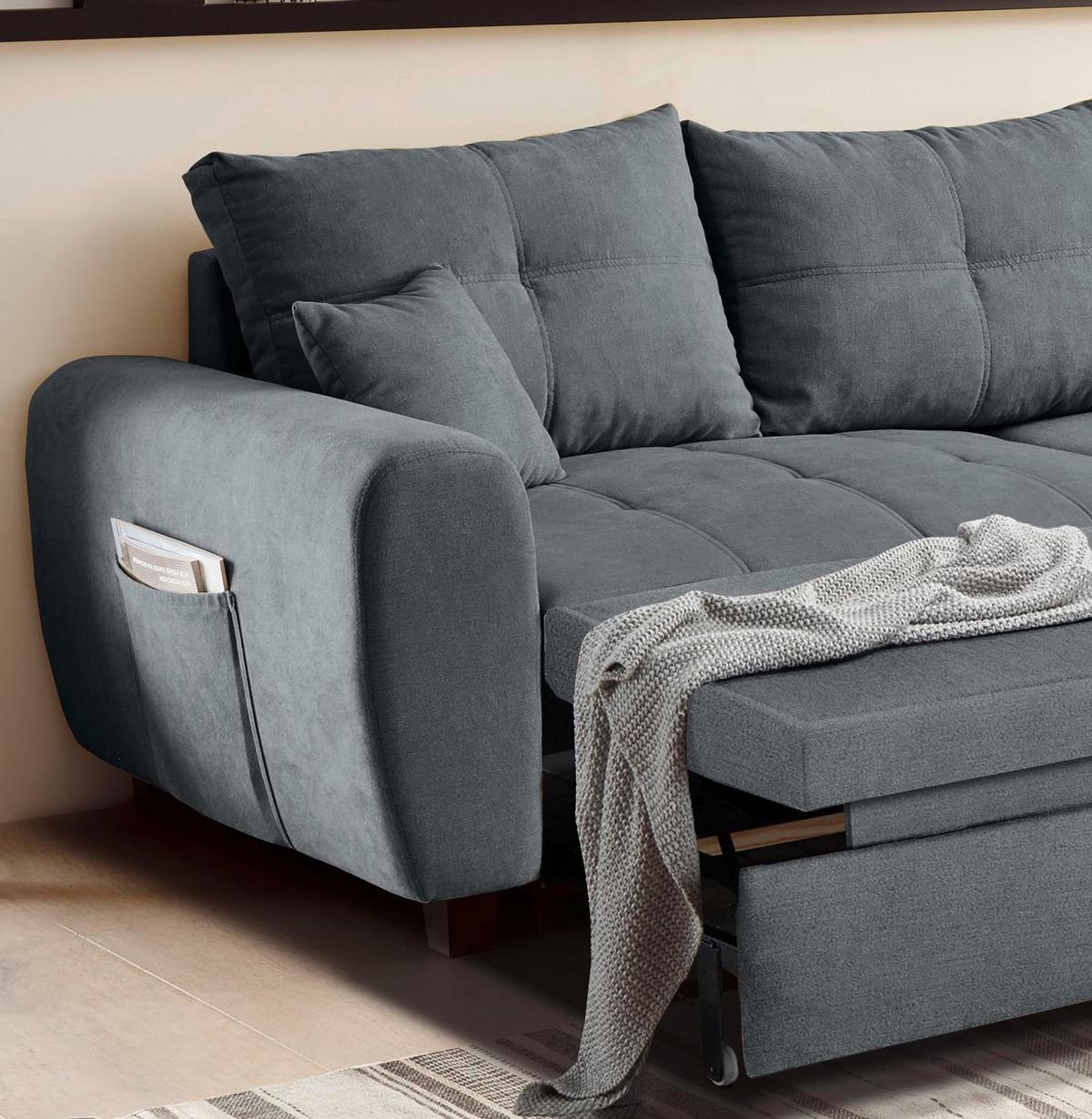 Ecksofa Mit Schlaffunktion + Kissen Lea, Polyester-Nylon - Anthrazit/Schwarz, Basics, Holzwerkstoff/Textil (248/176cm) - MID.YOU