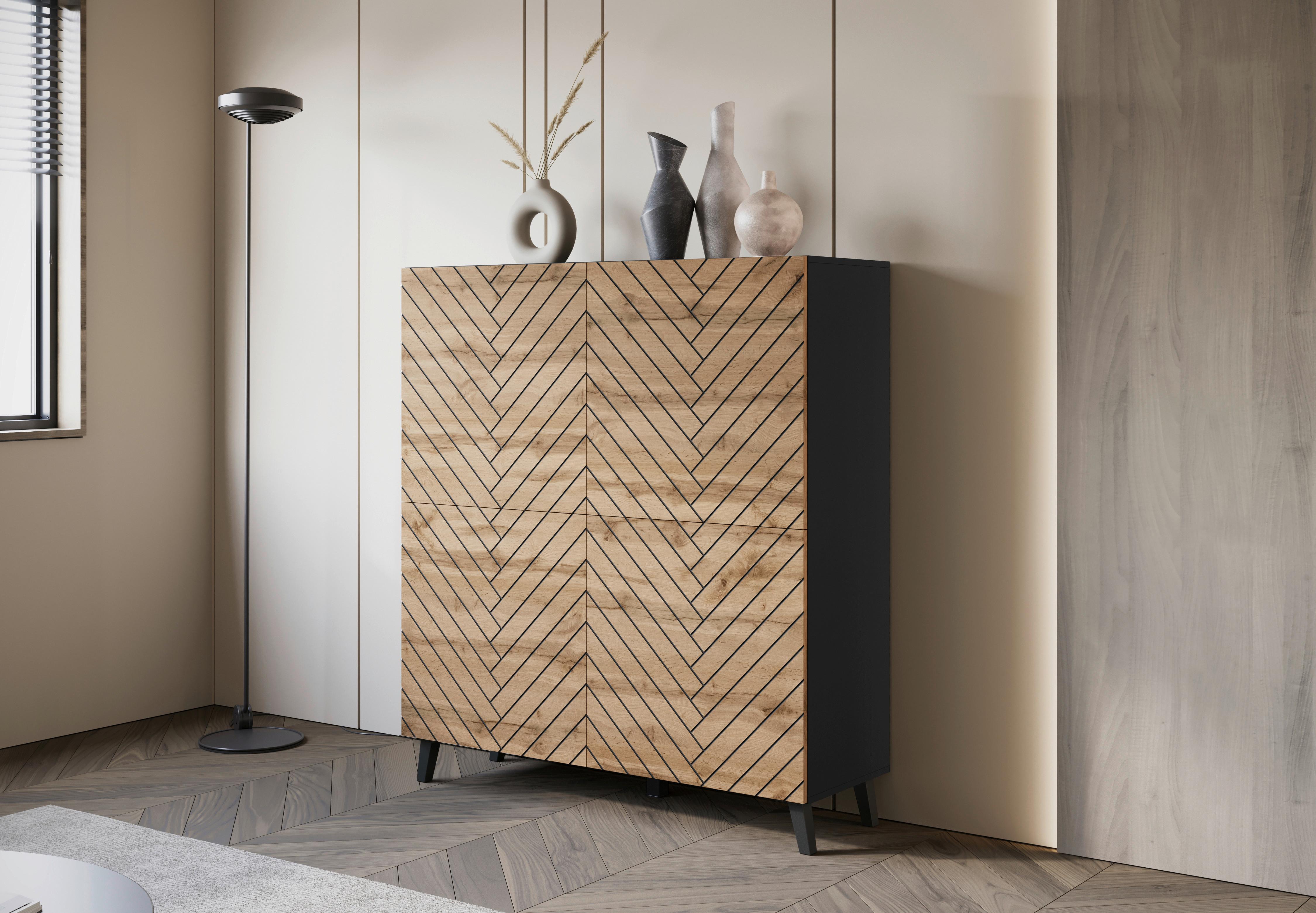 Highboard Phuket Eiche Wotan/schwarz B: 120 Cm - Eiche Wotan/Schwarz, Trend, Holzwerkstoff (120/130/39cm) - Livetastic
