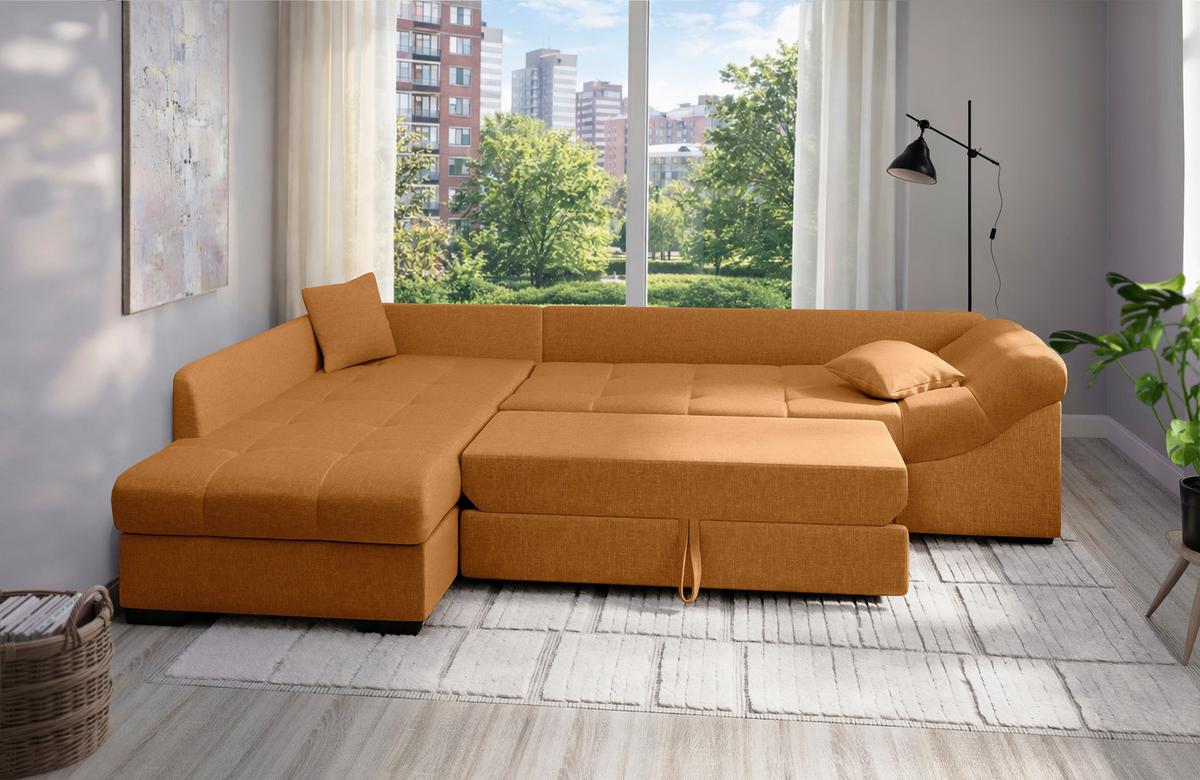 Eckschlafsofa Alvito Goldfarben S: 202x298cm - Goldfarben/Schwarz, MODERN, Textil (202/298cm) - MID.YOU