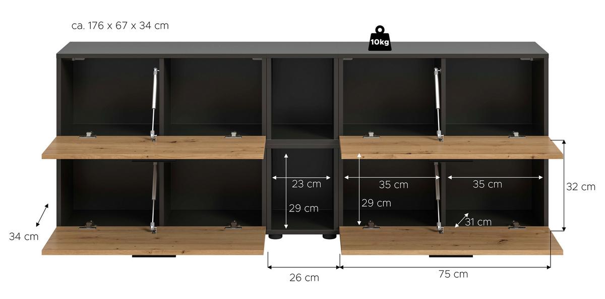 Wohnwand, The One 6, B: 176 cm Artisan Eiche Dekor/Grau - Schwarz/Eiche Artisan, Trend, Holzwerkstoff (176/67/34cm)