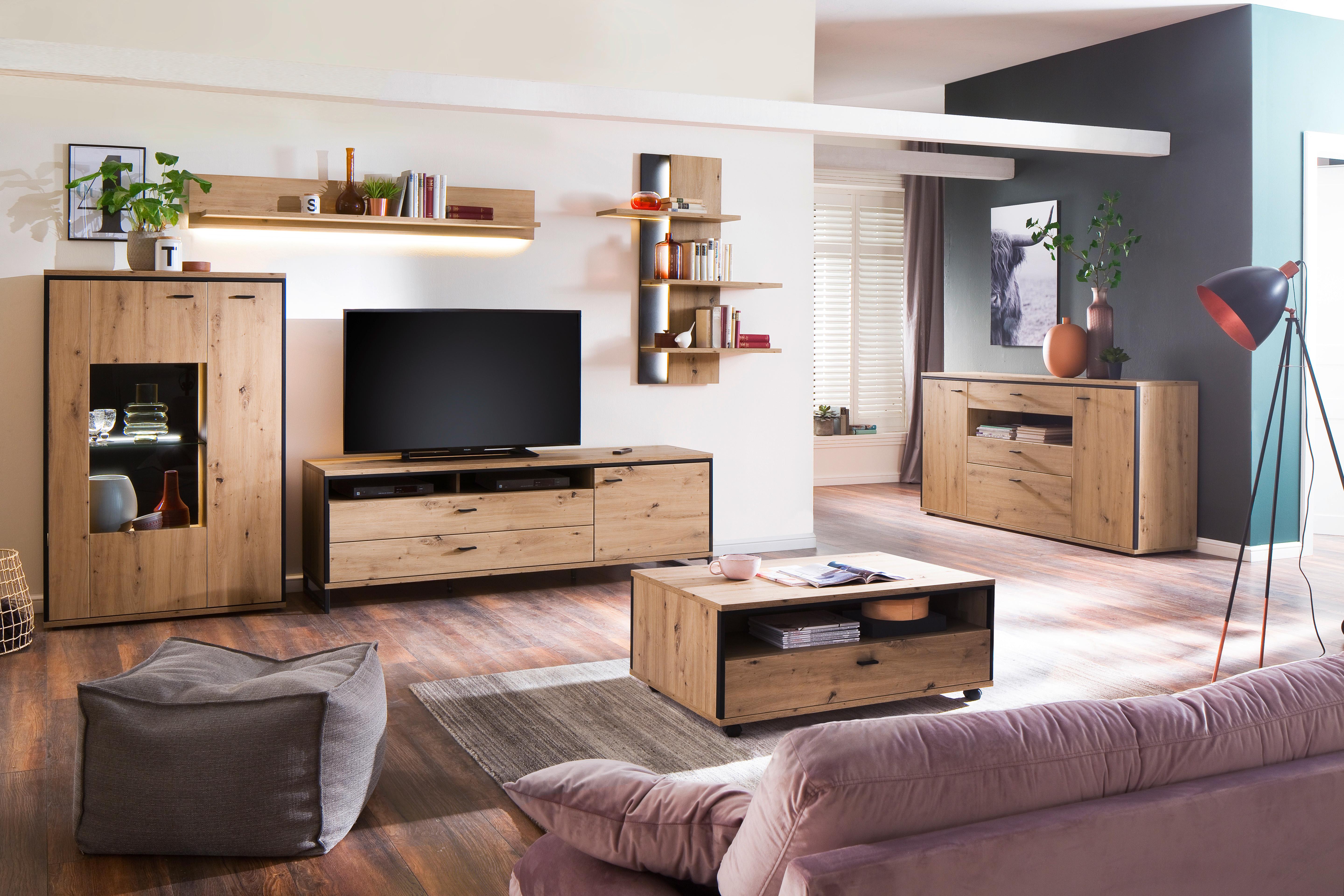 Highboard B: 93 cm Buenos Aires Anthrazit/Eichefarben - Eichefarben/Anthrazit, Design, Glas/Holzwerkstoff (93/142/38cm) - MID.YOU