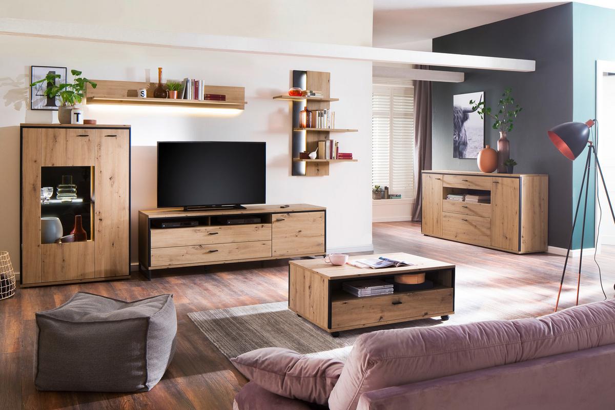 Highboard B: 93 cm Buenos Aires Anthrazit/Eichefarben - Eichefarben/Anthrazit, Design, Glas/Holzwerkstoff (93/142/38cm) - MID.YOU