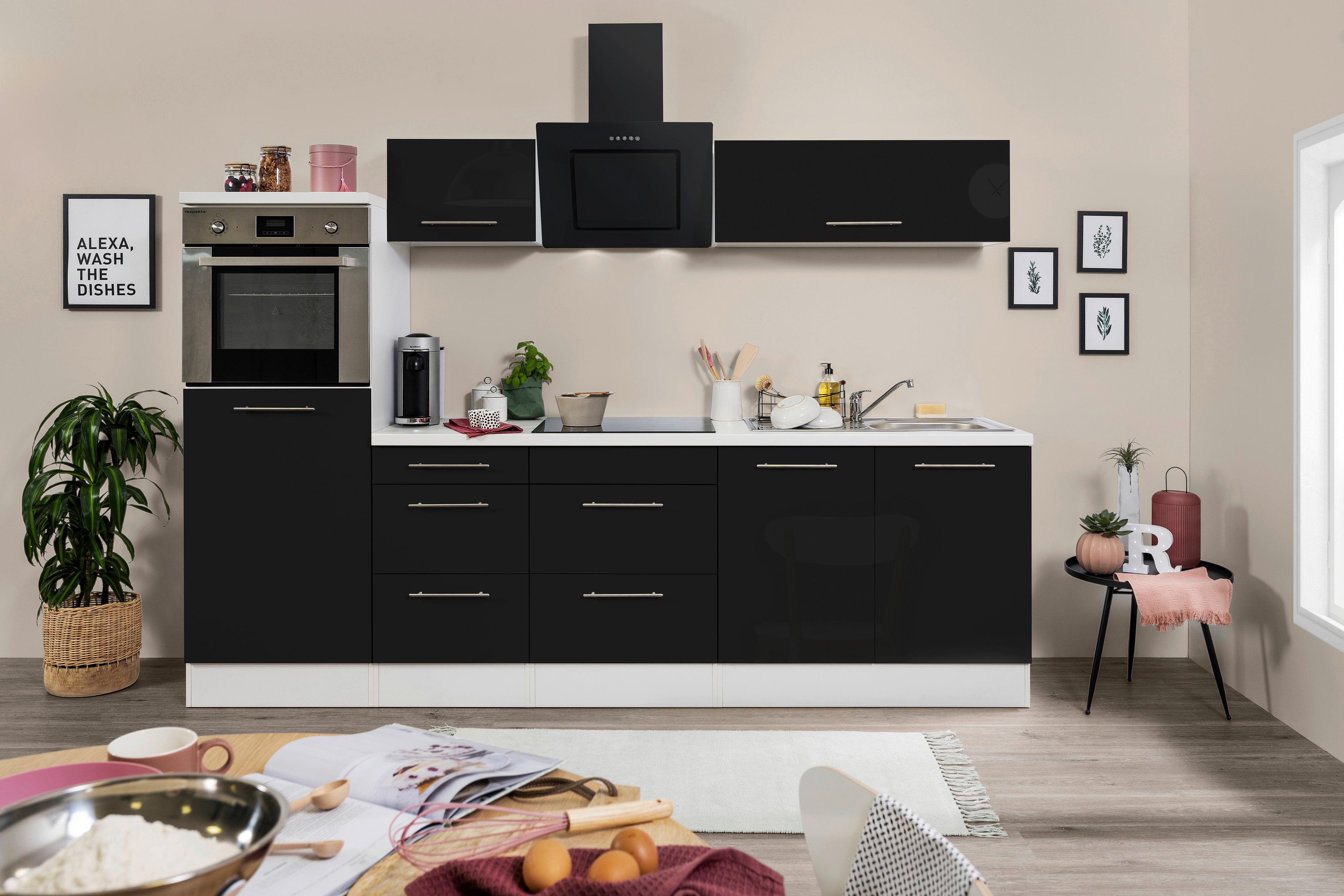 Küchenzeile mit Geräten 270 cm Schwarz Hochglanz/Weiß - Schwarz/Weiß, KONVENTIONELL, Holzwerkstoff (270cm) - Respekta