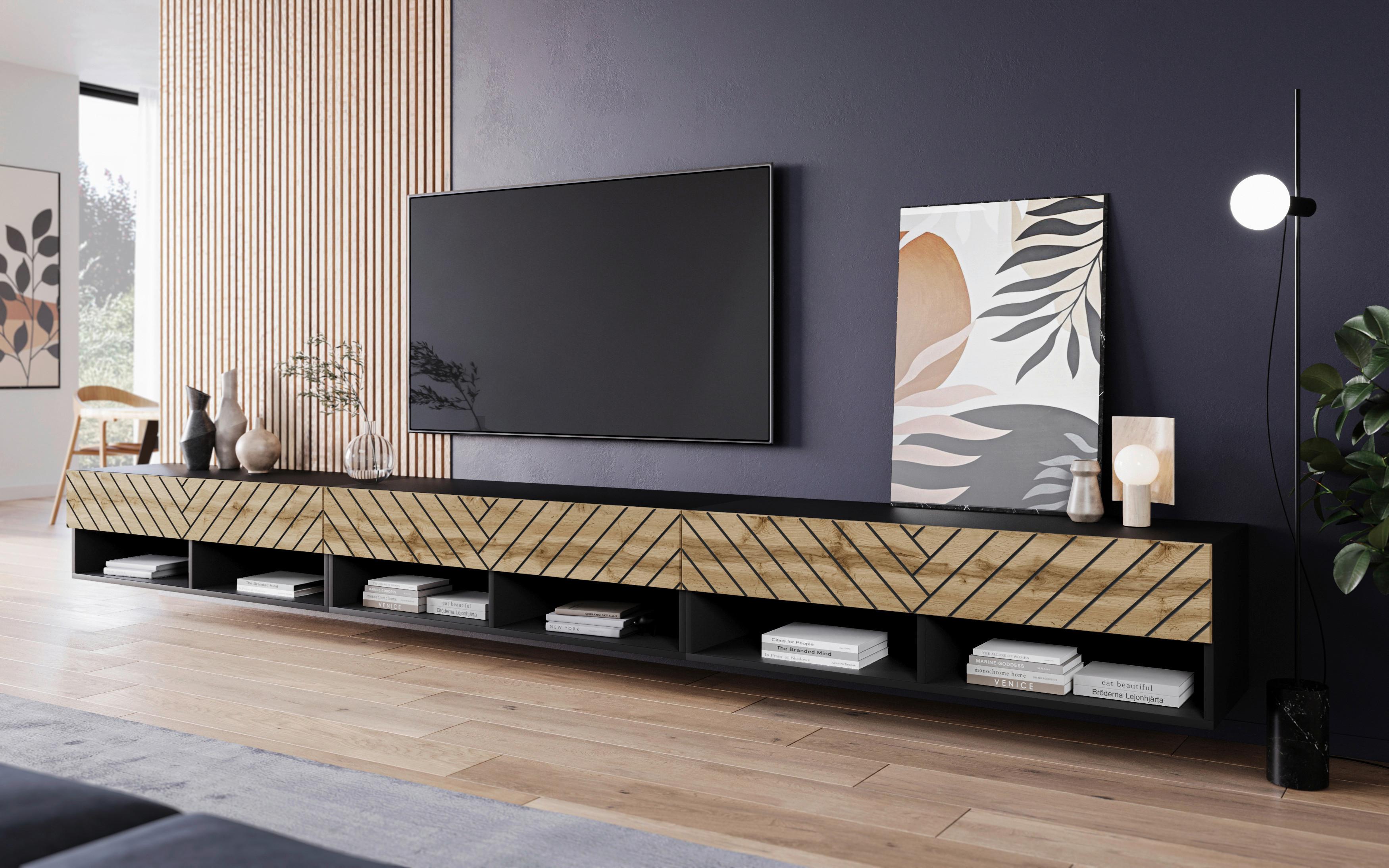Lowboard Eiche Wotan/Schwarz B: 300 cm - Eiche Wotan/Schwarz, LIFESTYLE, Holzwerkstoff (300/30/31cm) - Livetastic