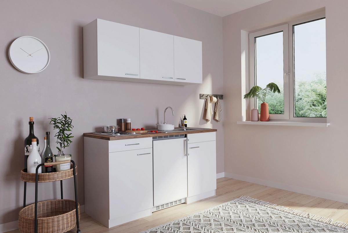 Miniküche Economy mit Geräten 150 cm Weiß/ Nussbaum Dekor - Nussbaumfarben/Weiß, Basics, Holzwerkstoff (150cm) - Respekta