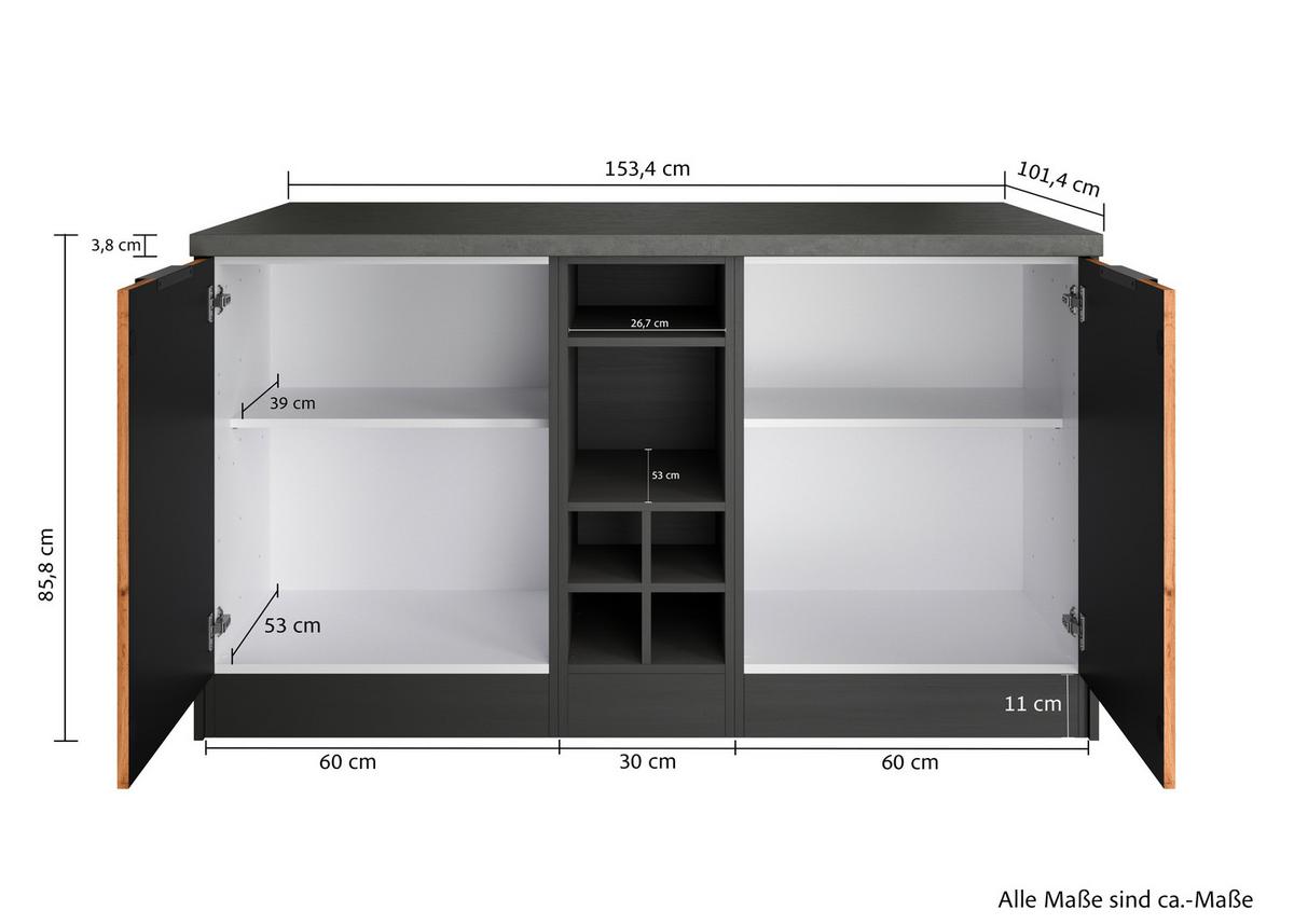 Kücheninsel Liverpool Graphit/ Eiche Dekor B: 153 cm - Schieferfarben/Eiche Wotan, Basics, Holzwerkstoff (153/86/101cm) - Held