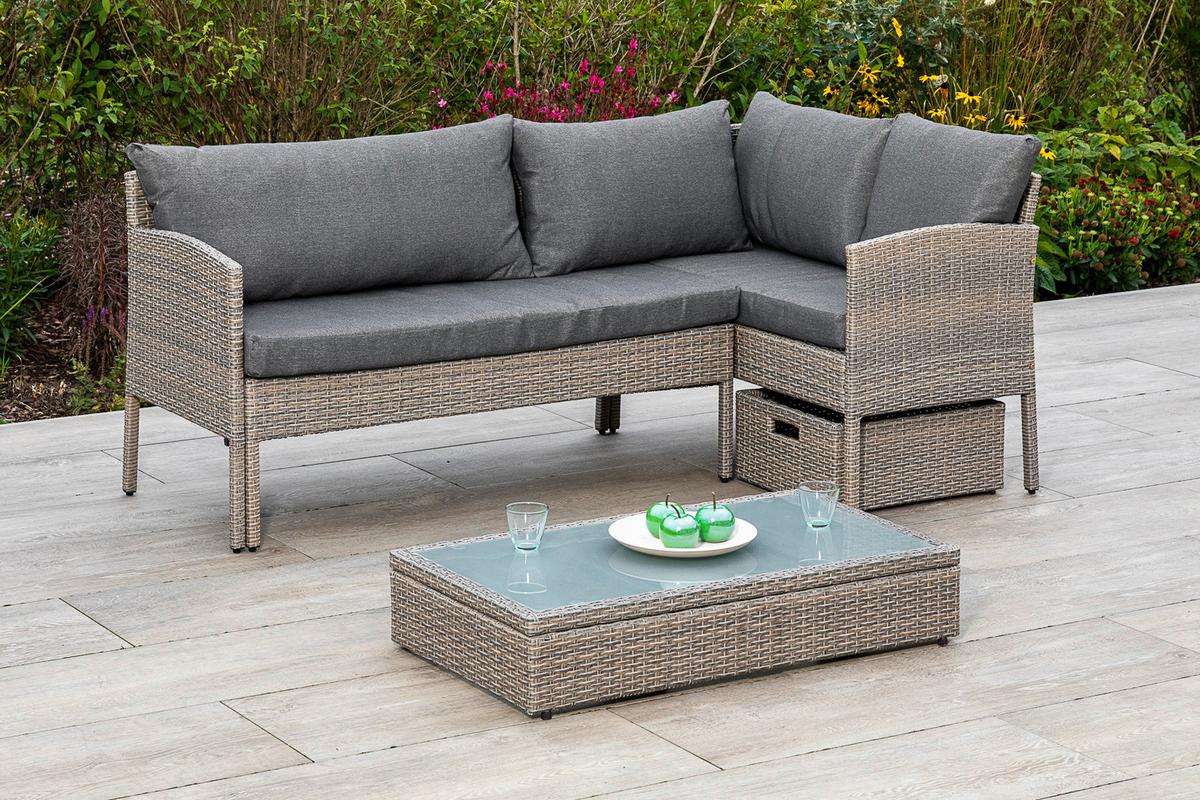 Loungegarnitur Viletta Aus Kunststoffgeflecht mit Kissen - Beige, MODERN, Glas/Kunststoff (190/113cm) - Gardenson