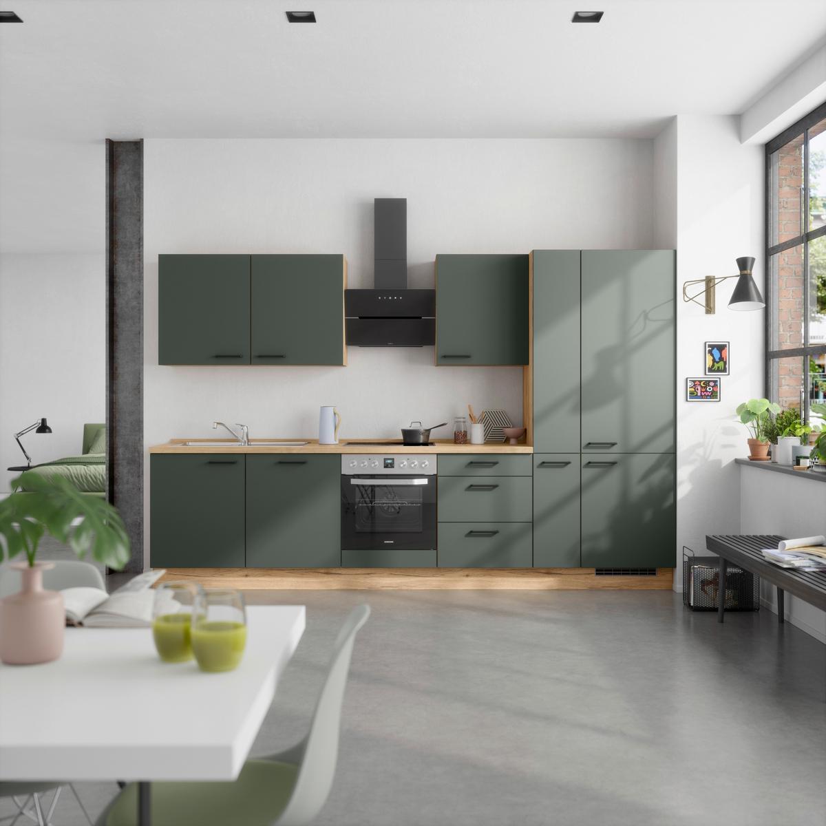 Kuchyňská linka 330 cm, minerální zelená,ultra matná - barvy dubu/černá, Moderní, kov/kompozitní dřevo (330cm) - Nobilia