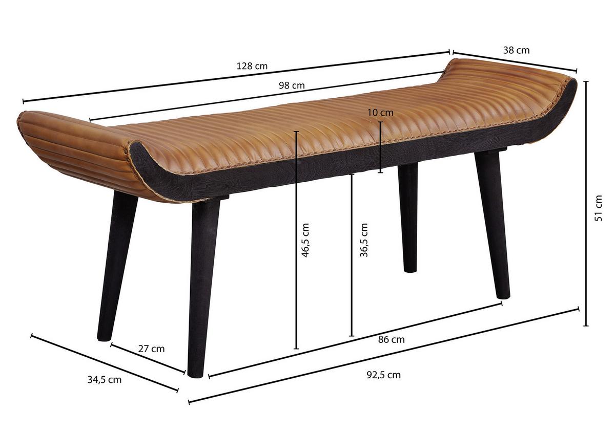 Sitzbank B: 128 cm Gepolstert, Braun Echtleder - Schwarz/Braun, MODERN, Leder (128/51/38cm) - MID.YOU