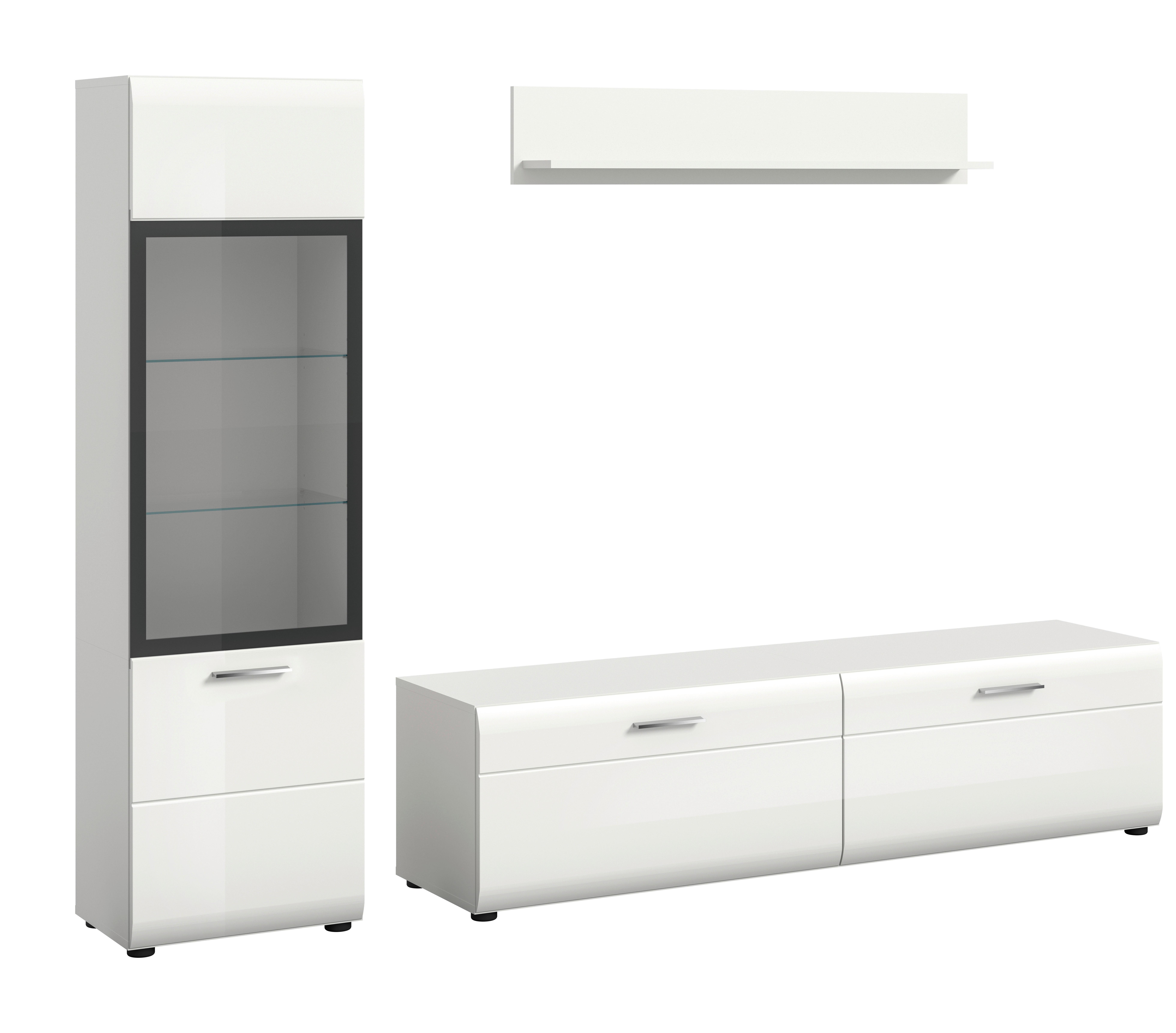 WOHNWAND Ice, Weis B: 220 cm - Weiß Hochglanz/Schwarz, Design, Glas/Holzwerkstoff (220/160/41cm) - Livetastic