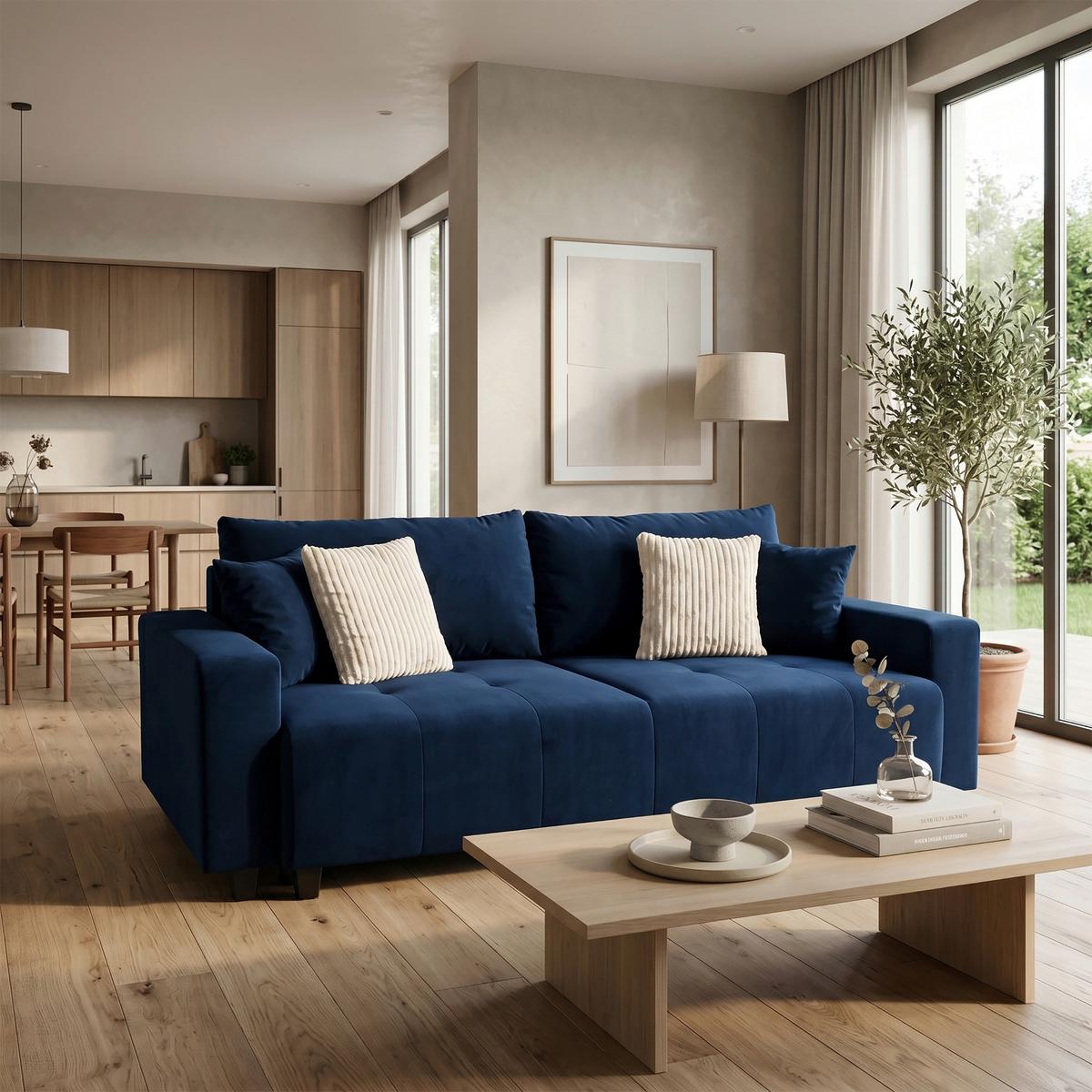 Ecksofa mit Bettfunktion Lily Velours blau, 240x119cm - Blau/Schwarz, Trend, Holz/Holzwerkstoff (240/119cm) - Luca Bessoni