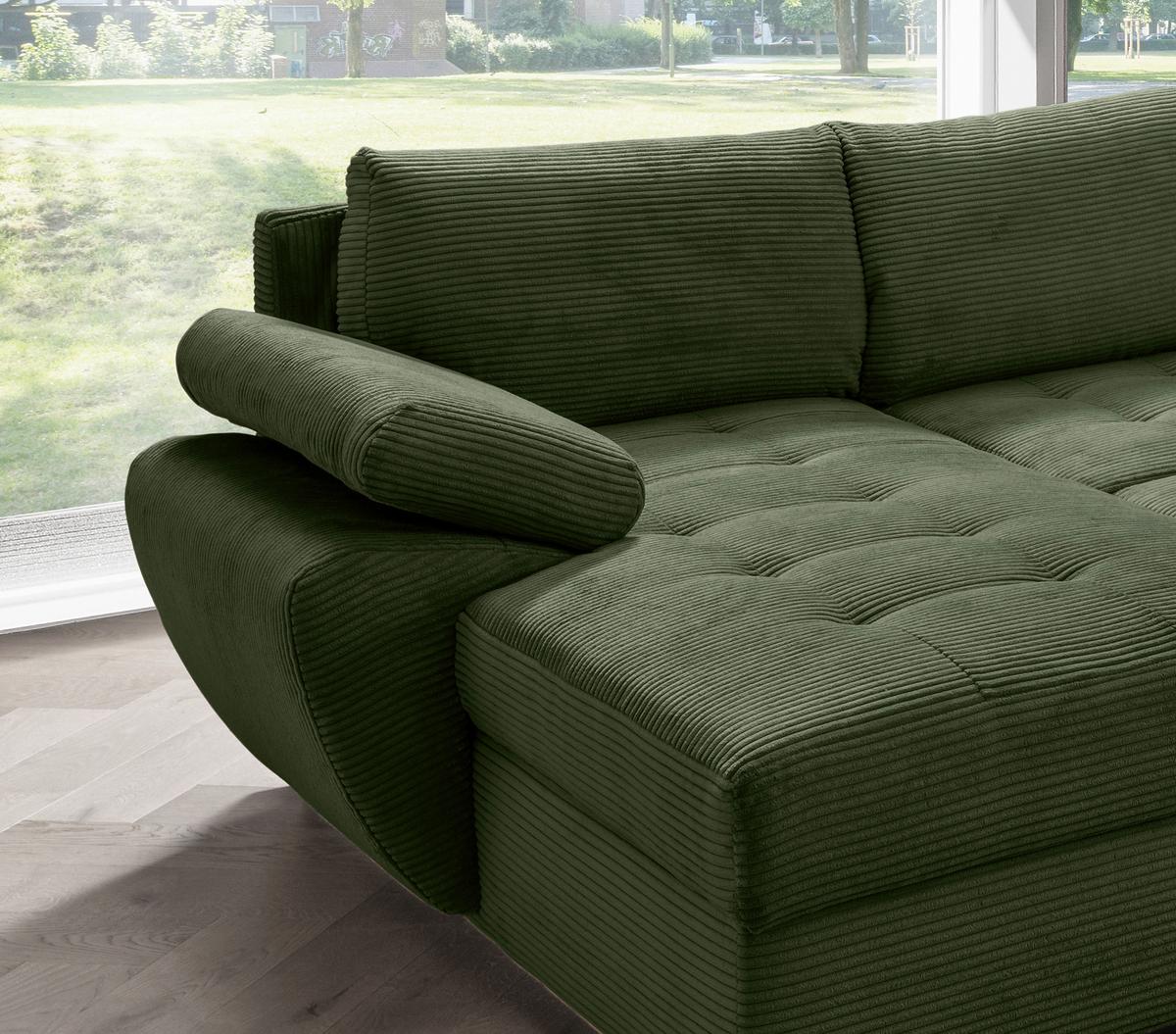 Wohnlandschaft Terana mit Schlaffunktion, Dunkelgrün - Chromfarben/Dunkelgrün, KONVENTIONELL, Textil (157/305/219cm) - P & B