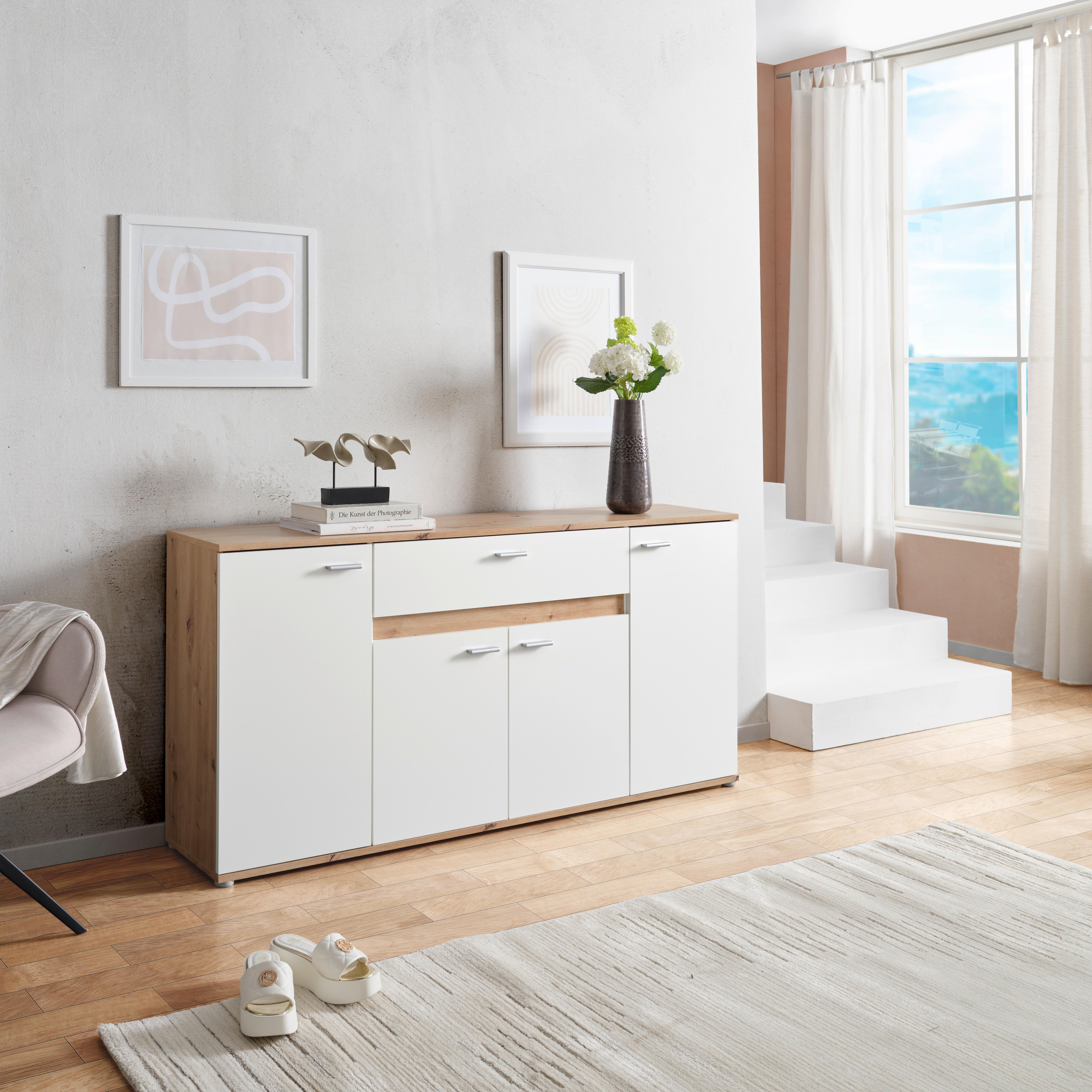 Kommode Carmen Artisan/ Weiß B: 160 Cm - Silberfarben/Weiß, Trend, Holzwerkstoff (160/80/35cm) - Based