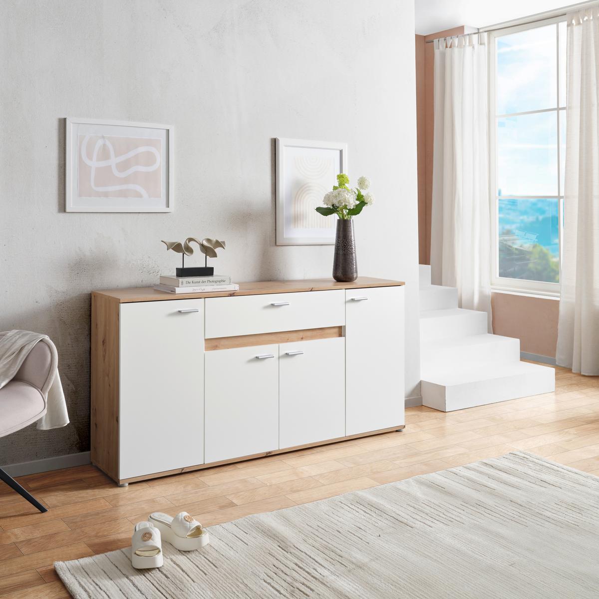 Kommode Carmen Artisan/ Weiß B: 160 Cm - Silberfarben/Weiß, Trend, Holzwerkstoff (160/80/35cm) - Based