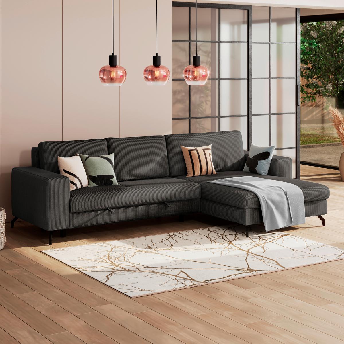 Ecksofa mit Schlaffunktion & Bettkasten Cloud Grau Cord - Grau, Trend, Textil (290/178cm)