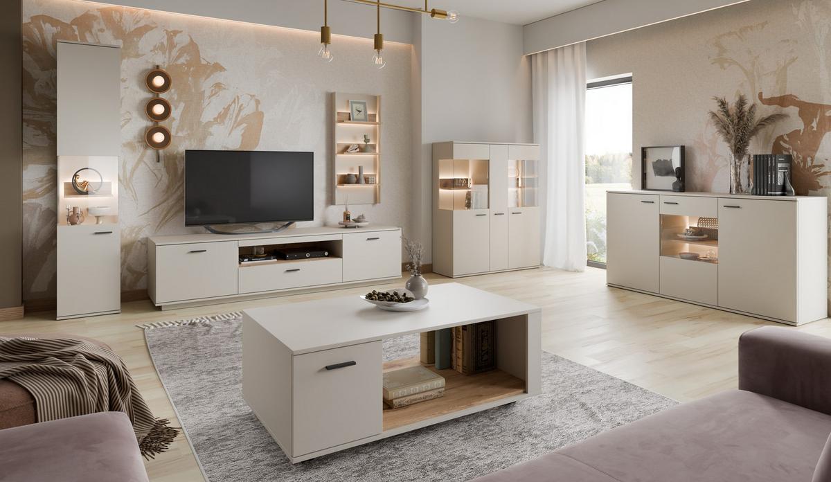 Lowboard Atico Eichefarben/Beige B: 210cm - Kaschmir/Eichefarben, Design, Holzwerkstoff (210/51,9/50cm) - Livetastic