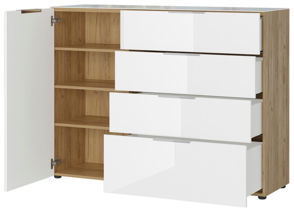 Sideboard mit Glasfronten B: 134 cm Gw-Oakland, Weiß - Eichefarben/Schwarz, KONVENTIONELL, Glas/Holzwerkstoff (134/102/42cm) - Germania