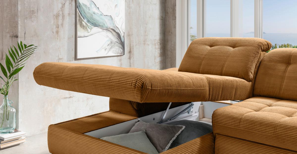 Eckschlafsofa Delphino Goldfarben S: 189x273 cm - Goldfarben/Schwarz, MODERN, Textil (189/273cm) - Livetastic