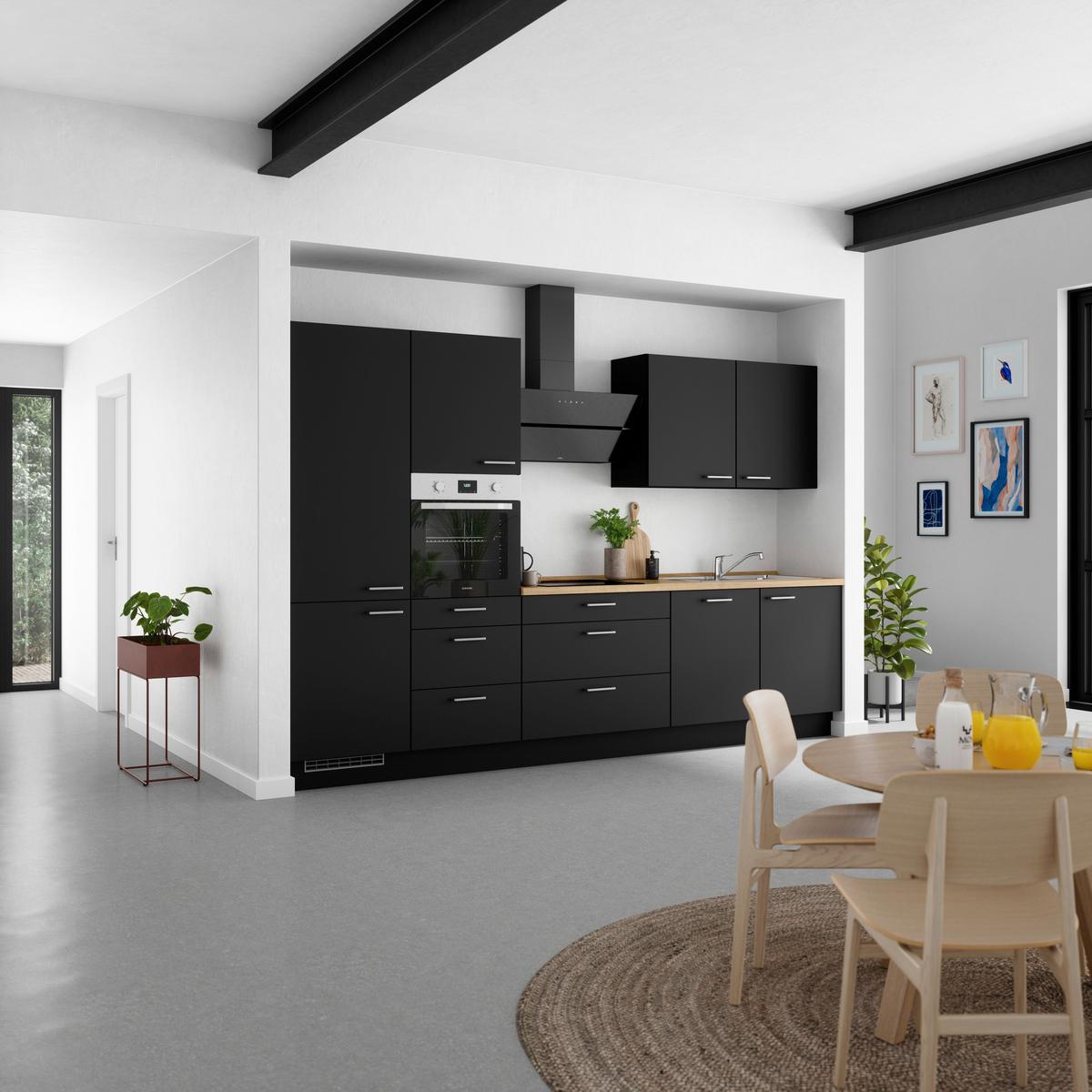 Kuchyňská linka 330 cm, černá matná/ barva dub - černá/barvy dubu, Moderní, kov/kompozitní dřevo (330cm) - Nobilia
