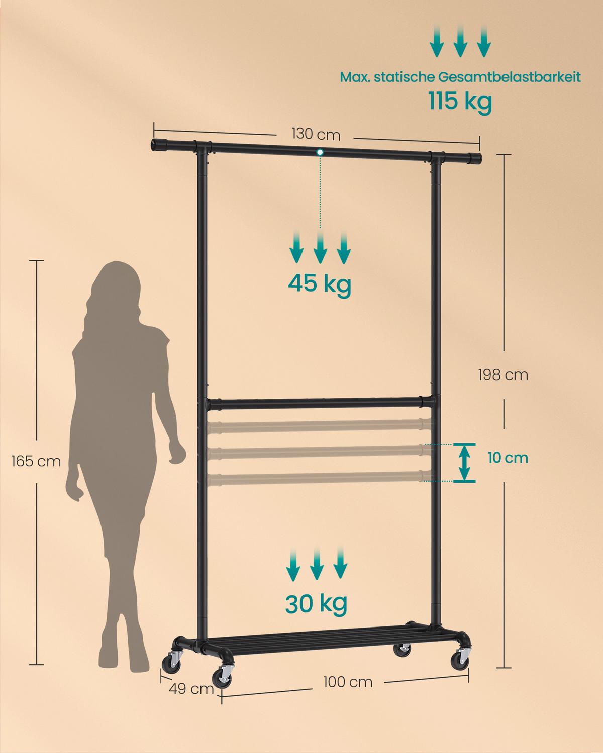 Kleiderwagen Schwarz B: 130 cm - Schwarz, Basics, Metall (130/198/49cm)
