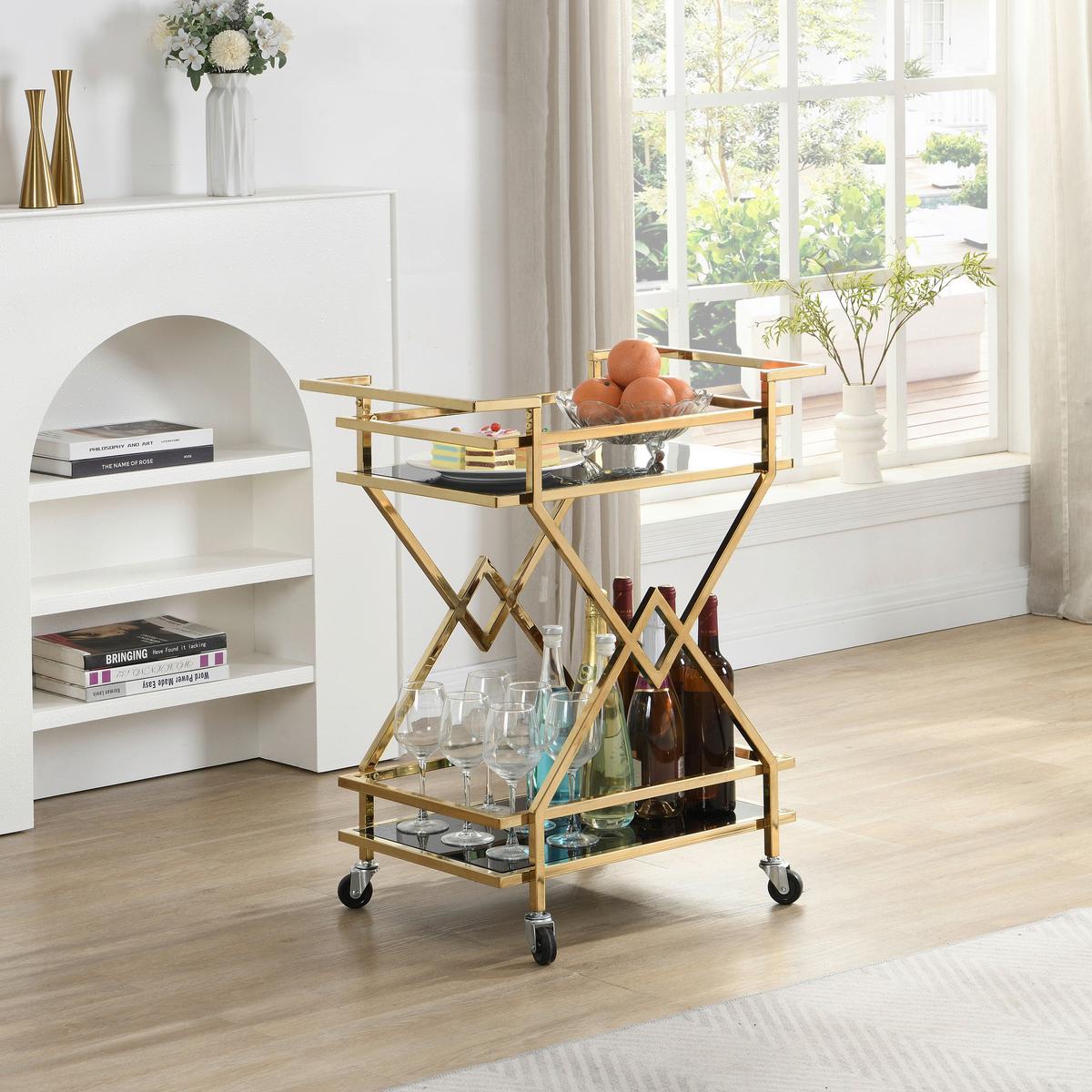 SERVIERWAGEN Schwarz/Goldfarben B: 65 cm - Goldfarben/Schwarz, Design, Glas/Kunststoff (65/40/80cm) - MID.YOU