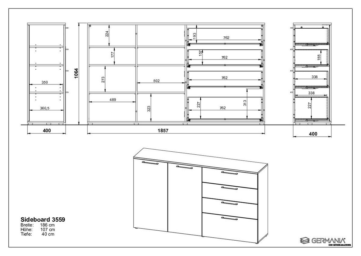Sideboard 186cm Sunnyvale, weiß - Schwarz/Weiß, MODERN, Holzwerkstoff (186/107/40cm) - Germania