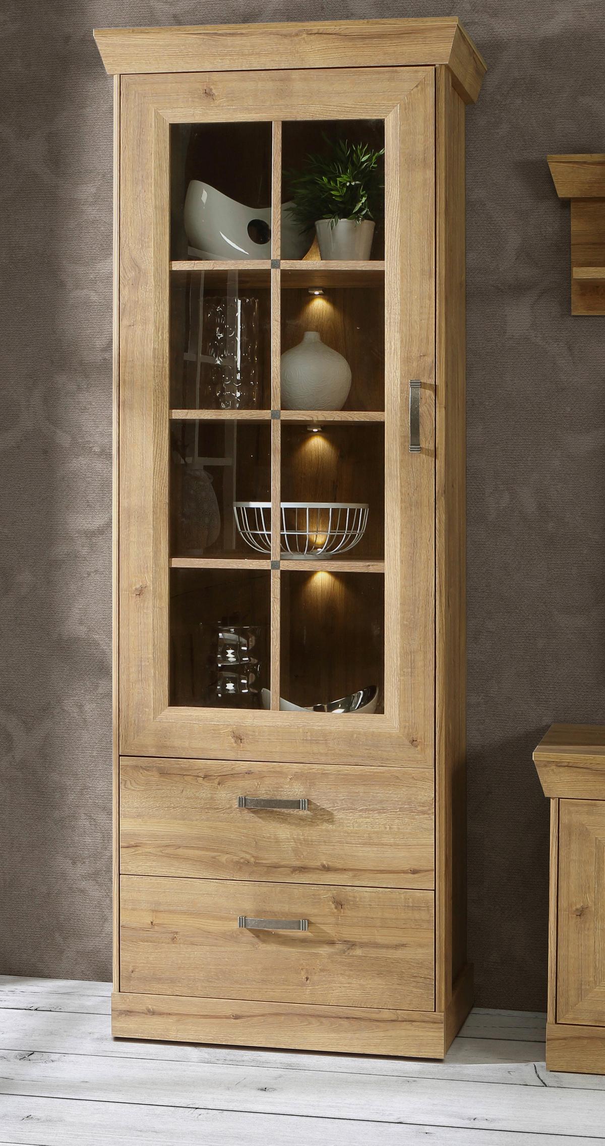 VITRÍNA CANNES - barvy dubu/černá, Romantický / Rustikální, kov/kompozitní dřevo (74/205/47cm)