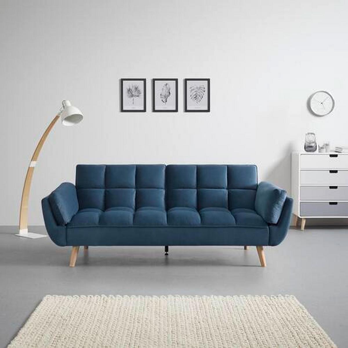 Rozkladacia pohovka CORA, modrý zamat, max. 360 kg - modrá/prírodná farba, Modern, drevo/textil (214/92/81cm) - Bessagi Home