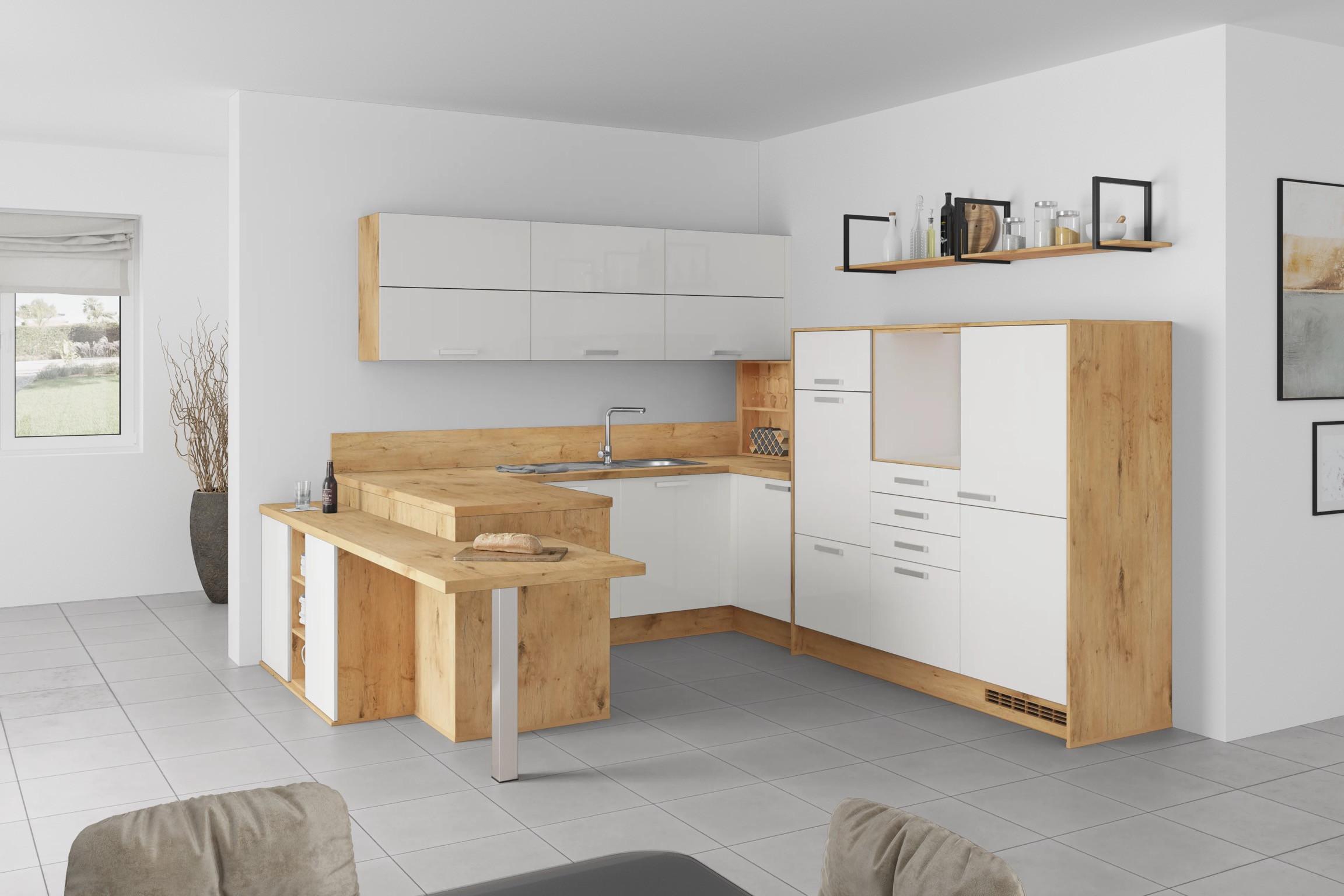 U-küche Ip4050 Weiß/ Eiche 255x294x298 Cm Ohne Geräte - MODERN, Holzwerkstoff (255/294/298cm)