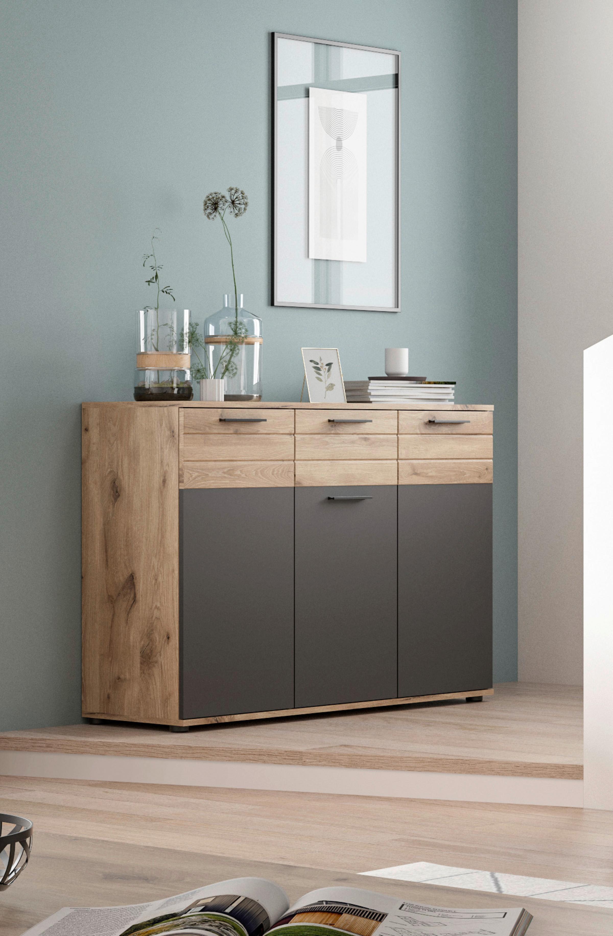 Komoda š. 120 cm - šedá/barvy dubu, kompozitní dřevo/plast (120/87/40cm) - MID.YOU