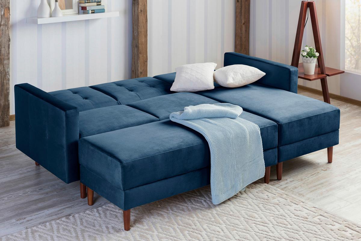 Ecksofa Mit Schlaffunktion Easy Relax Dunkelblau Samt - Eschefarben/Dunkelblau, Design, Textil (223/152cm) - Max Winzer