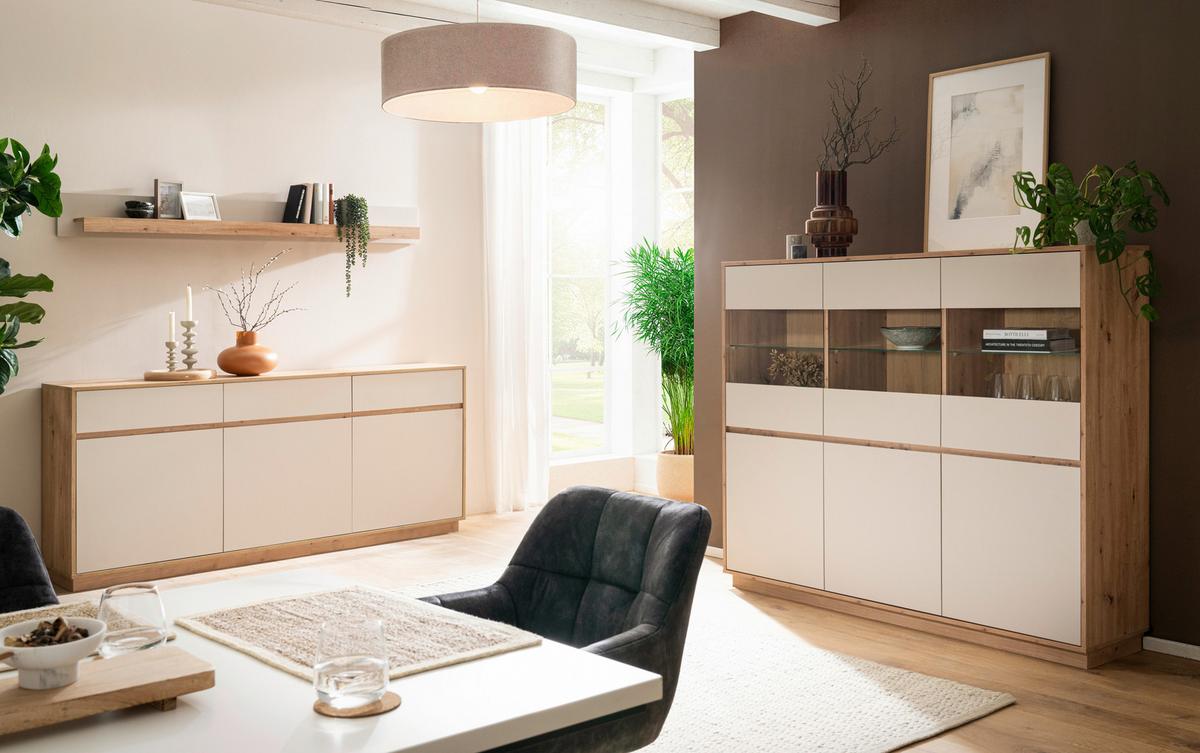 Highboard Sonora Kashmir/Eiche B: 164cm - Kaschmir/Eiche Artisan, Design, Glas/Holzwerkstoff (164/138/40cm) - MID.YOU