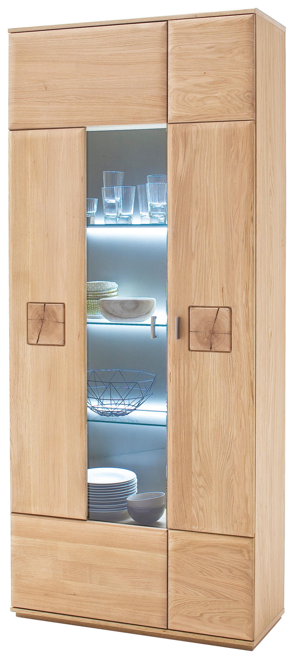 Vitrine Bologna B: 90 cm teilmassiv Eichefarben - Eichefarben, Design, Glas/Holz (90/208/38cm) - Livetastic