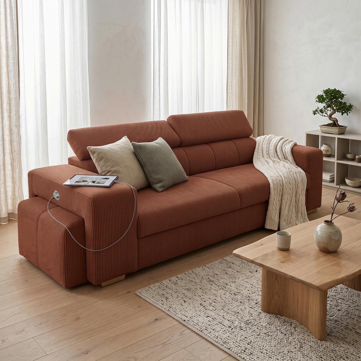 3-SitzerSofa m. Schlaffunktion Sirius S terracotta, B: 251cm - Terracotta/Schwarz, KONVENTIONELL, Holz/Holzwerkstoff (251/96/100cm)