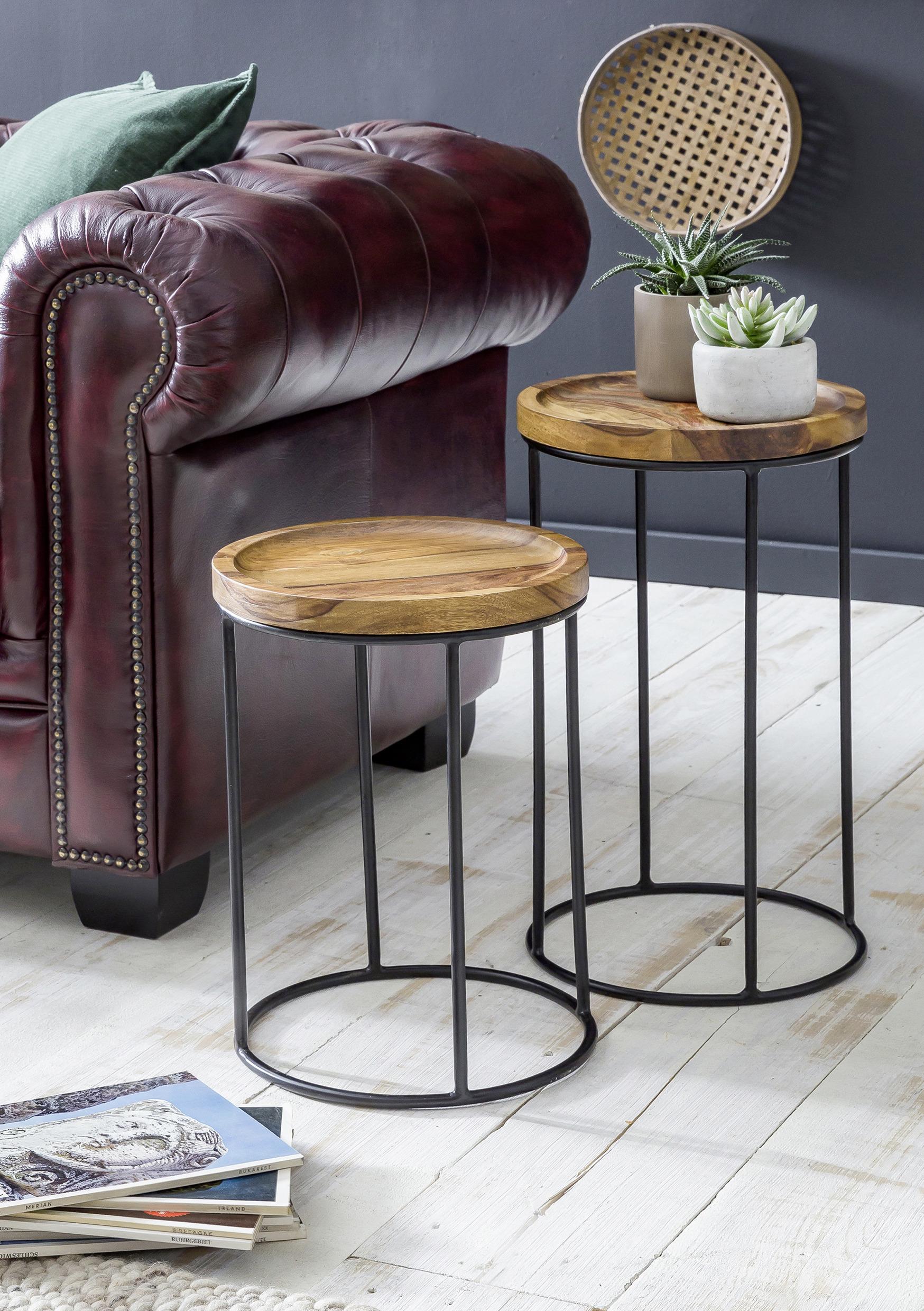Beistelltisch Mit Holzplatte Rund 2-Er Set Sheesham/schwarz - Sheeshamfarben/Schwarz, Design, Holz/Metall (30,5/30,5/54cm) - MID.YOU