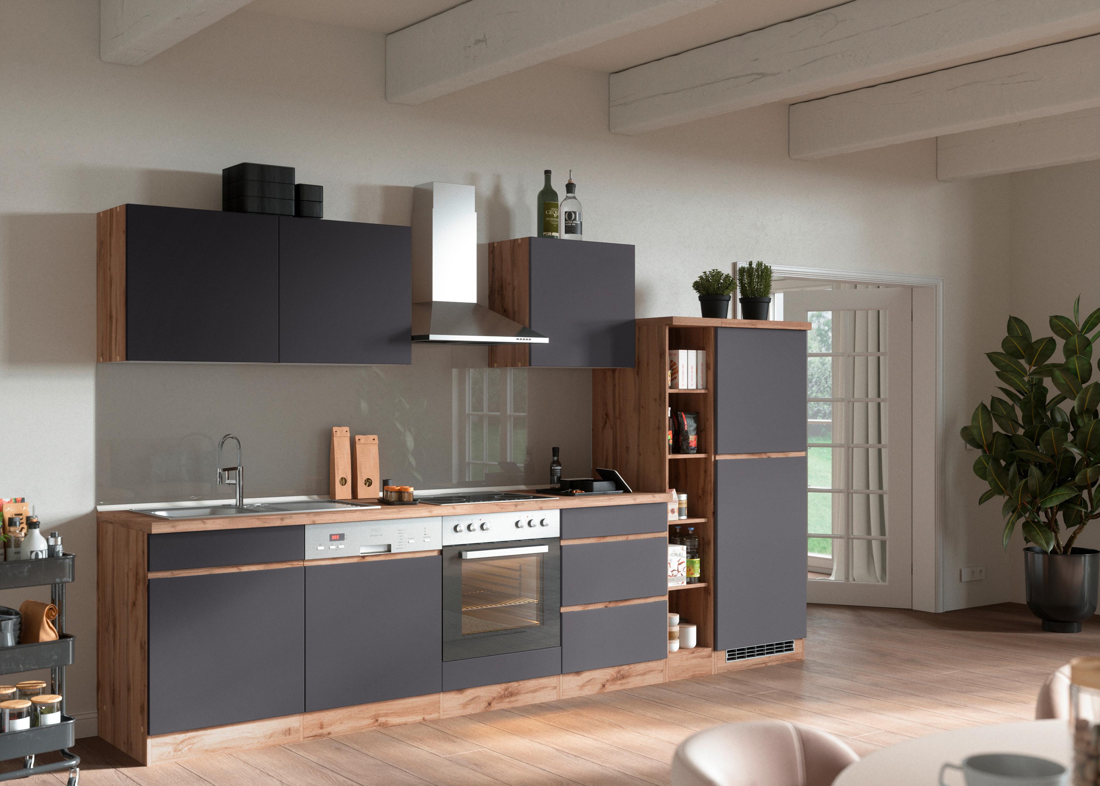 Küchenzeile Turin ohne Geräte B: 330cm Grau/Wotaneiche Dekor - Eiche Wotan/Grau, Design, Holzwerkstoff (330cm) - Held