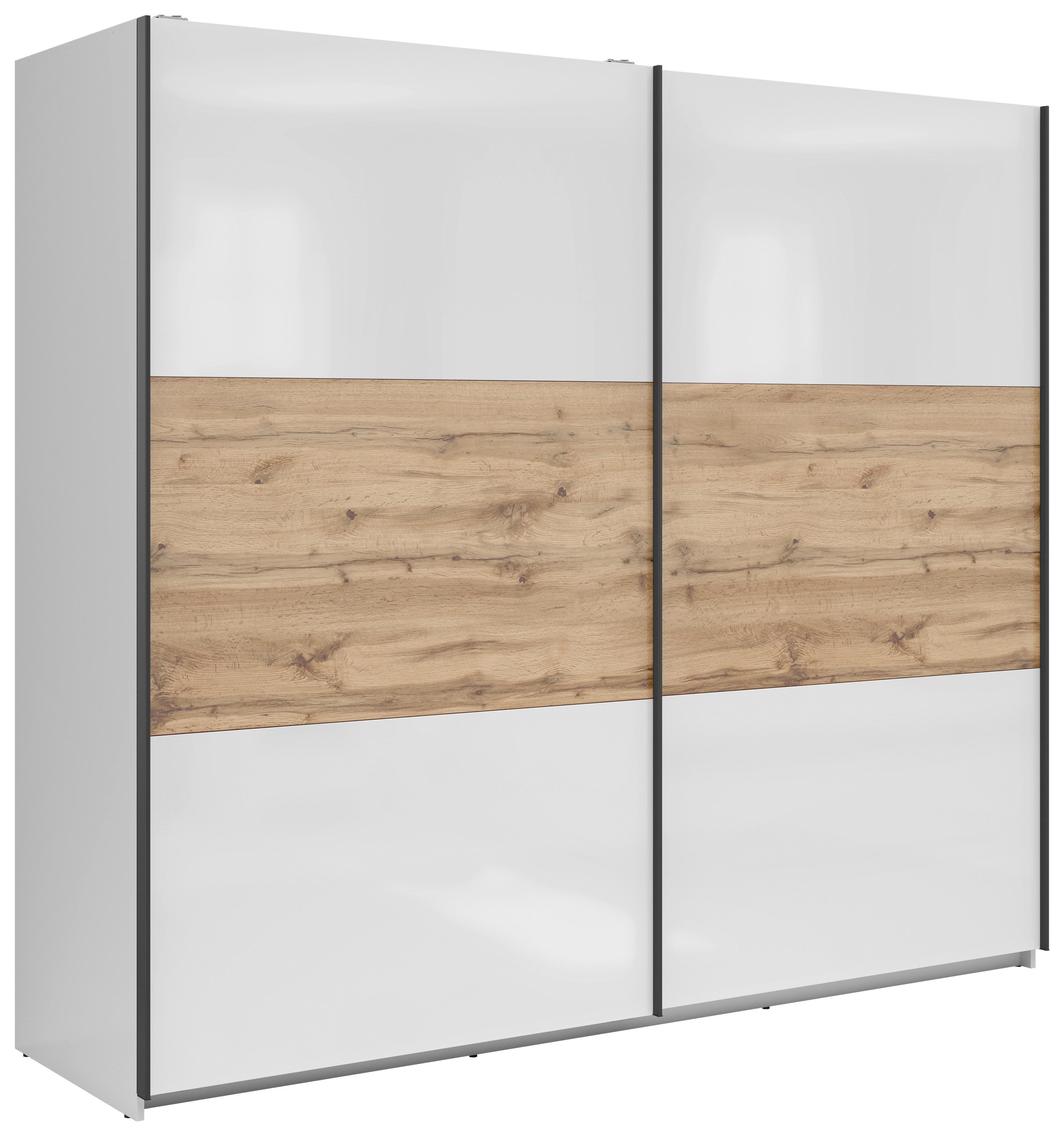 Schwebetürenschrank 220 cm Tetrix Weiß Hochglanz - Weiß Hochglanz/Eiche Wotan, MODERN, Holzwerkstoff (220/195,5/60cm) - MID.YOU