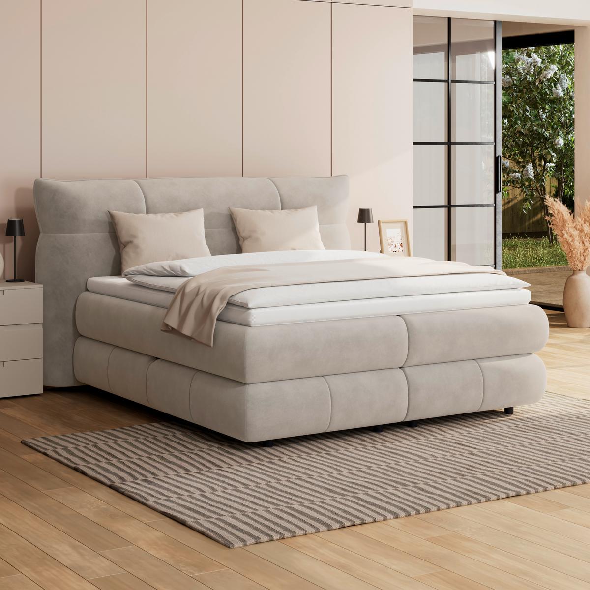 Boxspringbett Carmelo Beige 160x200 cm H3 - Beige/Schwarz, Trend, Textil (160/200cm)