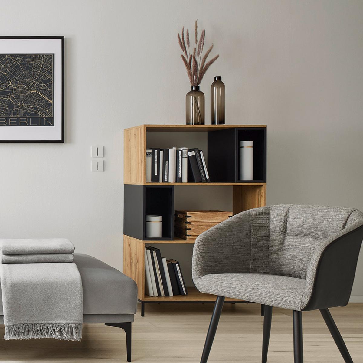 Regál MEGY - čierna/farba duba, Modern, kov (80/121/40cm) - Bessagi Home