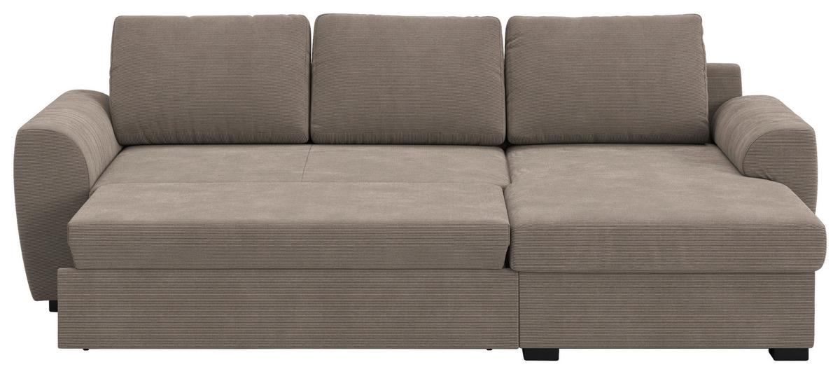 Ecksofa mit Bettfunktion Cord taupe, B: 253cm - Taupe/Schwarz, Trend, Textil (253/154cm) - MID.YOU