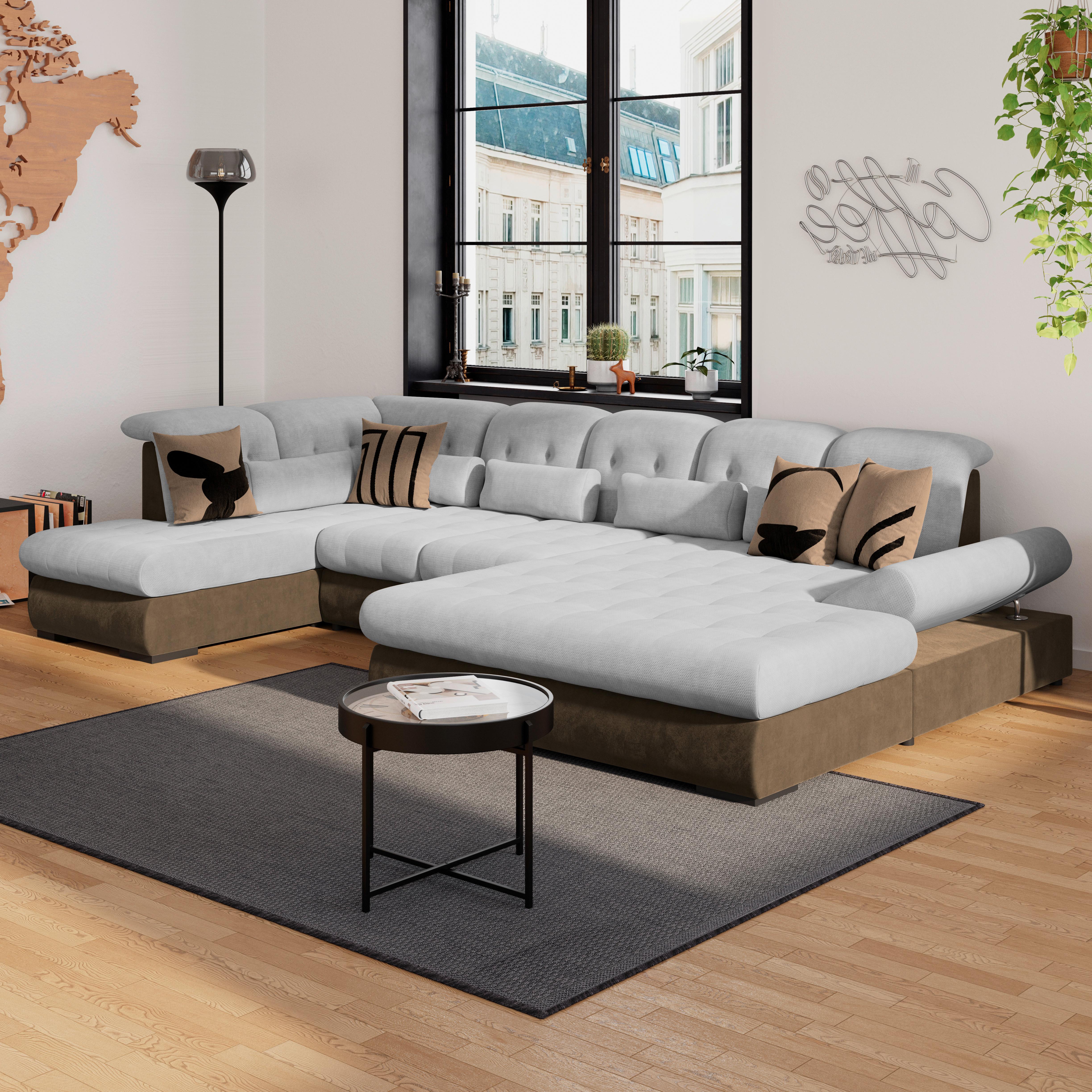 Wohnlandschaft Madera Silberfarben U: 212x358x190 cm - Hellbraun/Silberfarben, KONVENTIONELL, Kunststoff/Textil (212/358/190cm)